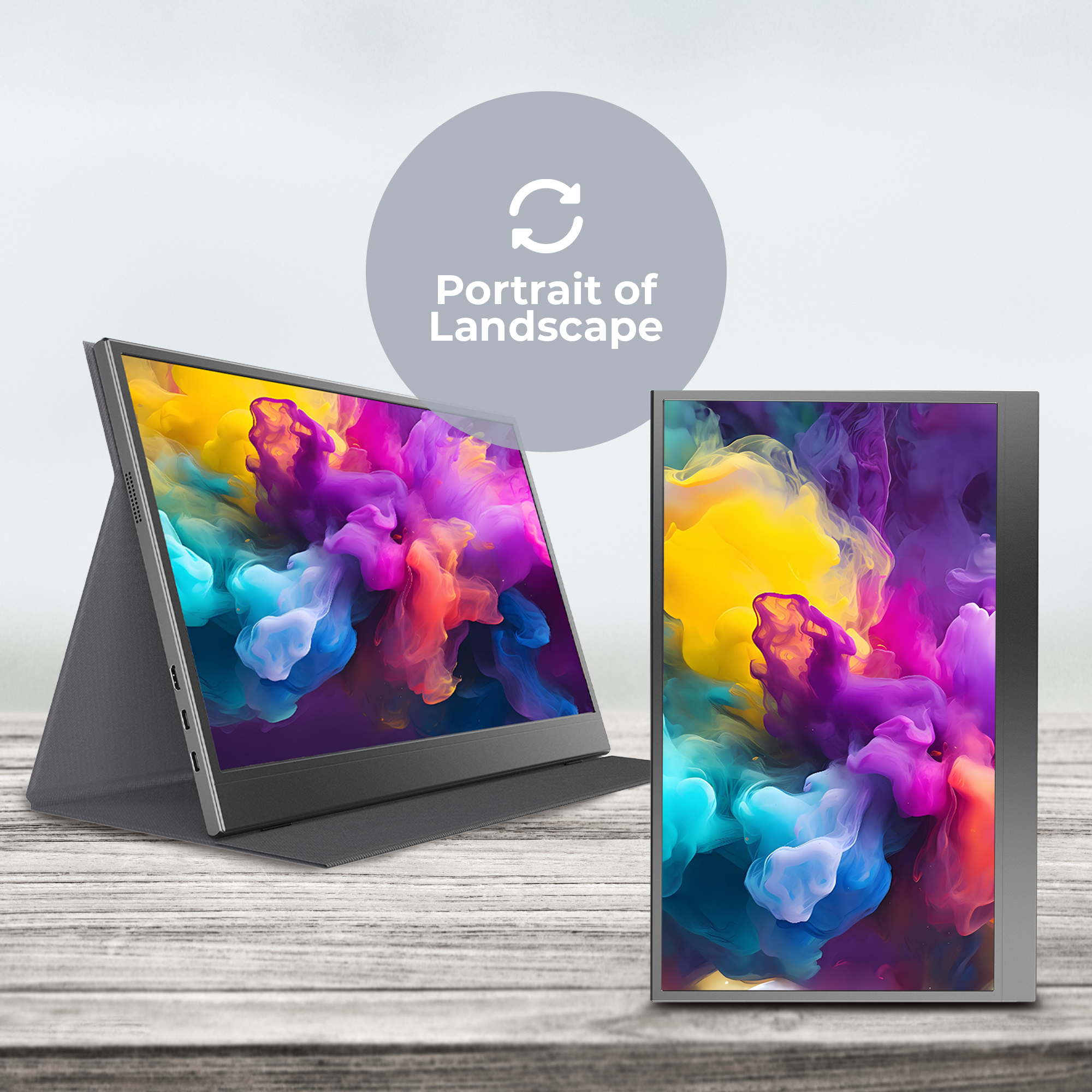 Due monitor con grafica di fumo colorato. Uno è inclinato, l'altro è piatto.