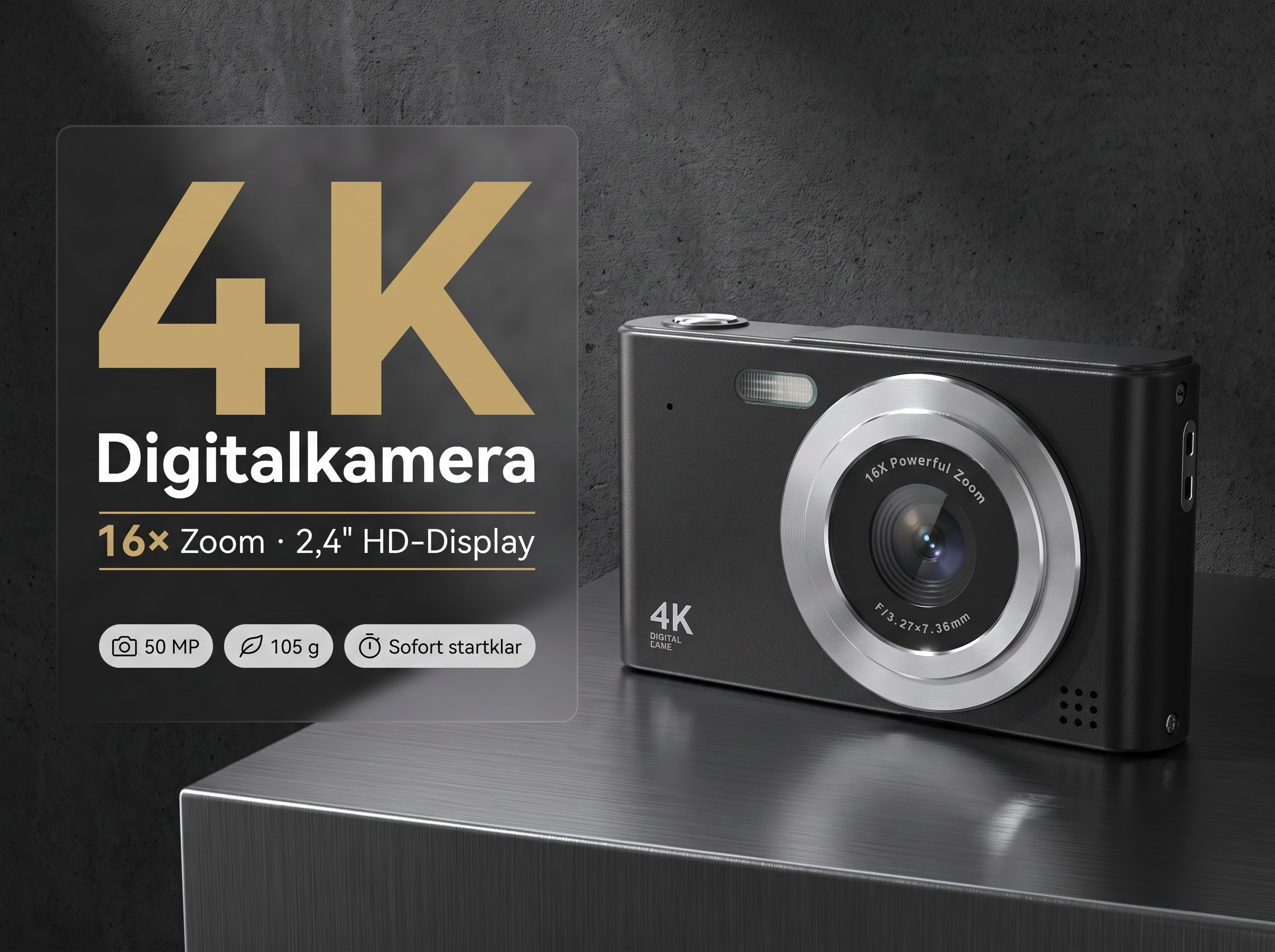 Eine schwarze Digitalkamera mit 16x Zoom und 4K-Anzeige.