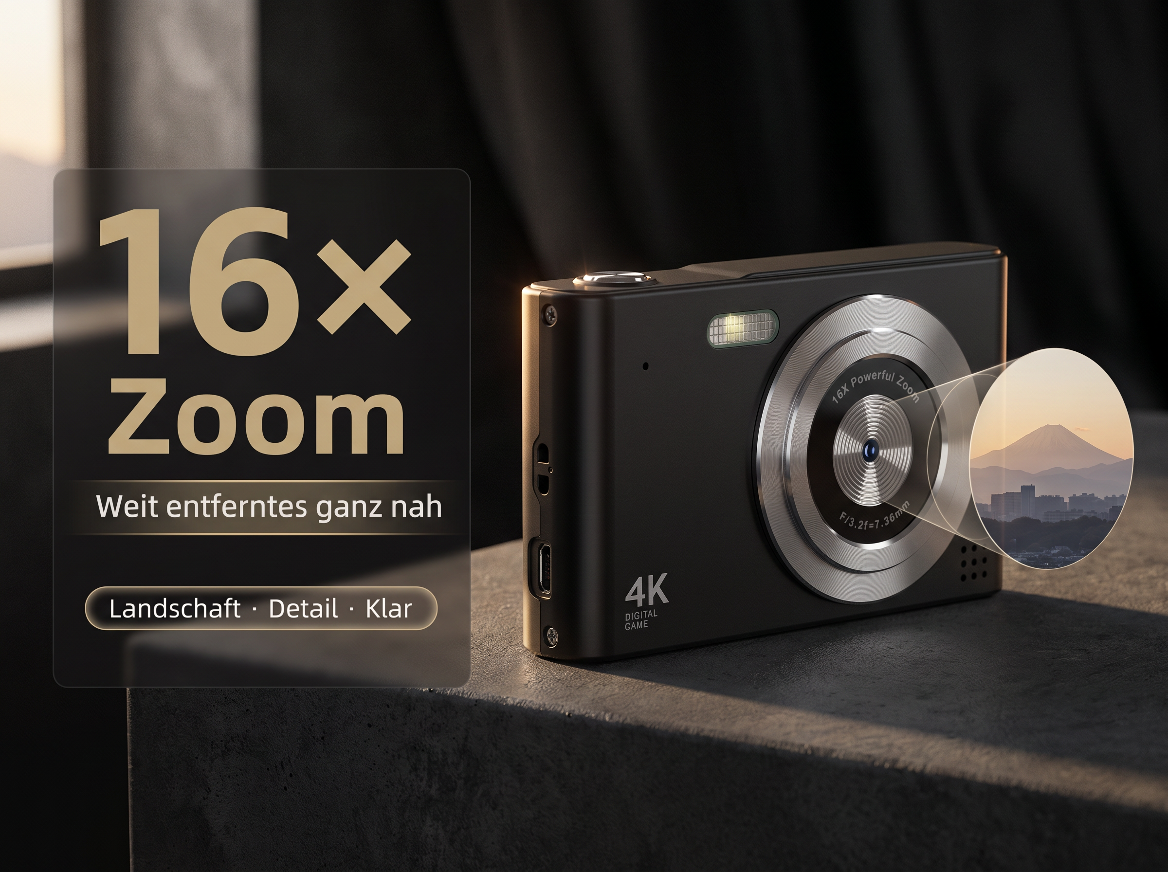 Eine schwarze Digitalkamera mit 16-fachem Zoom und 4K-Auflösung, die auf einem Tisch liegt.