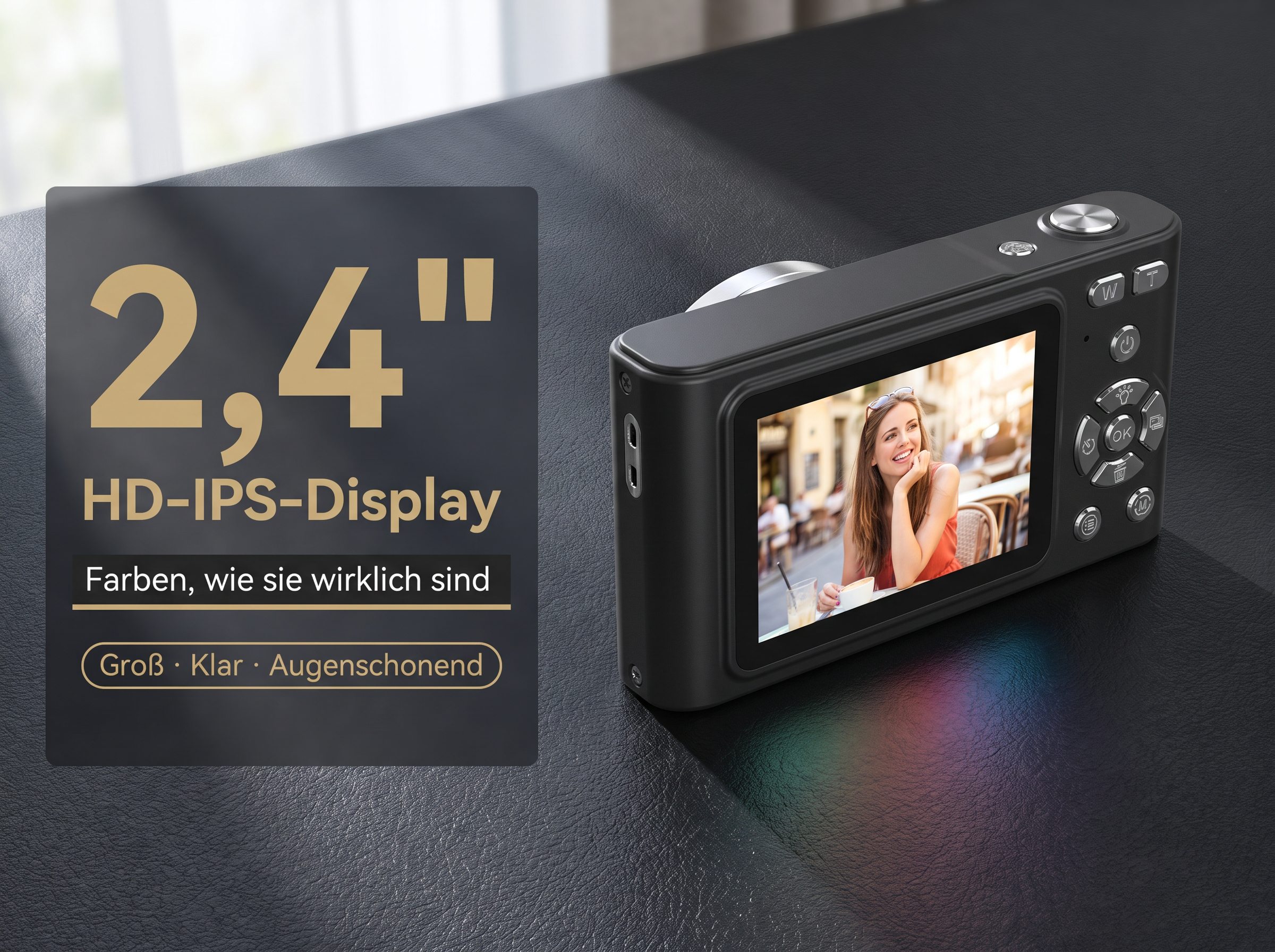 Kamera mit 2,4 Zoll HD-IPS-Display zeigt eine lächelnde Frau mit Kaffee.