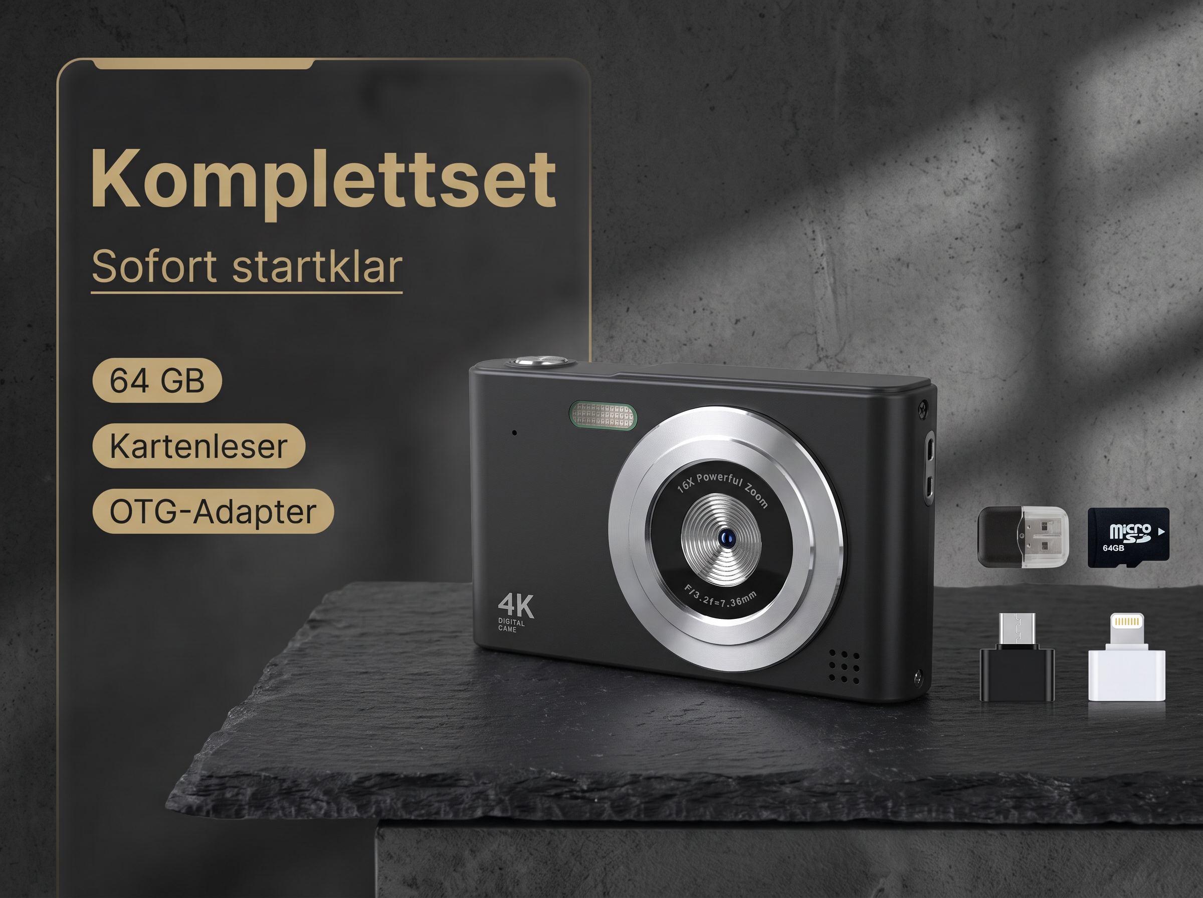 Kamera-Set mit 64GB Speicher, Kartenleser und OTG-Adapter.