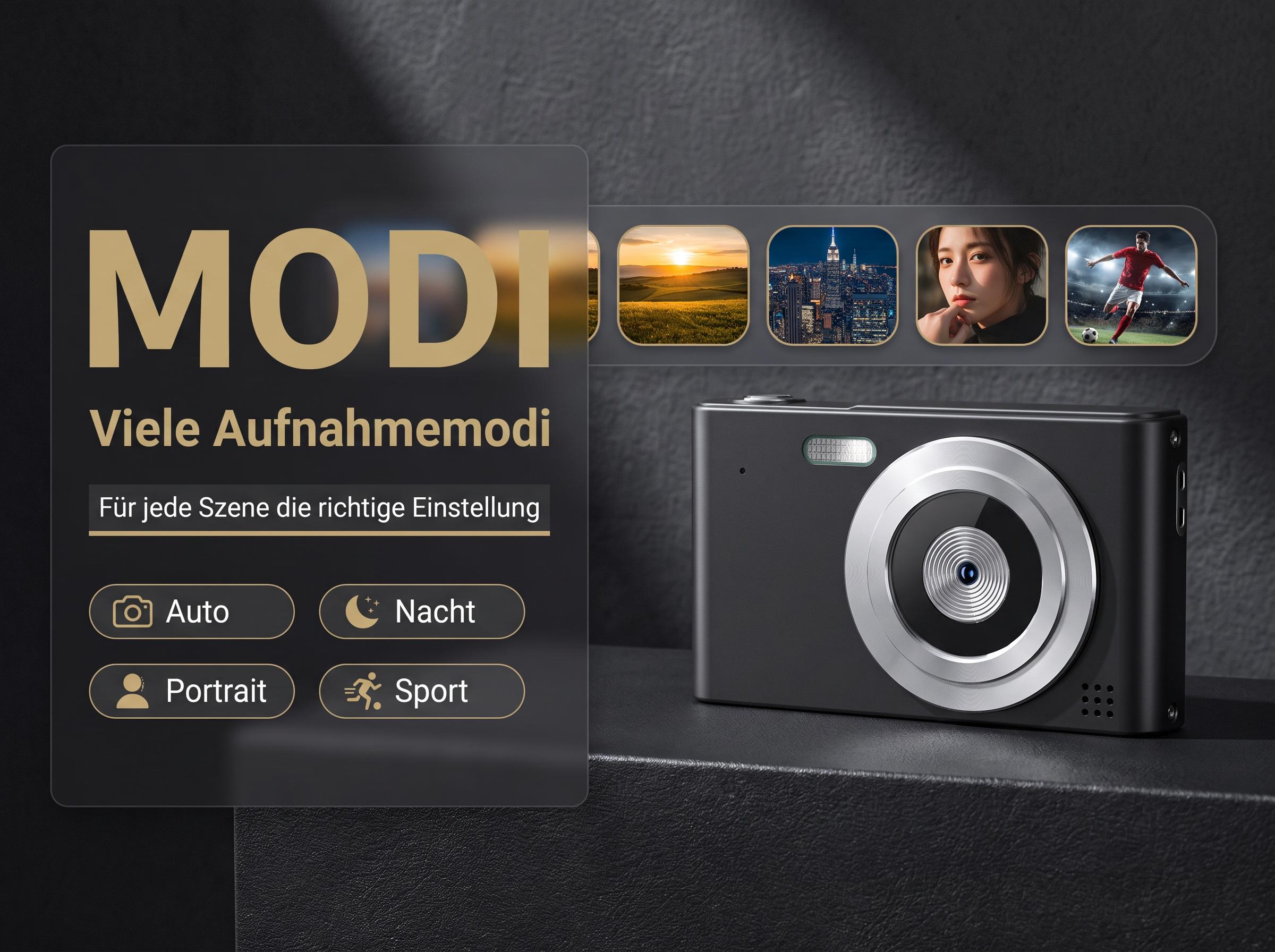 Digitalkamera mit Aufnahmemodi-Symbolen: Auto, Nacht, Porträt, Sport.