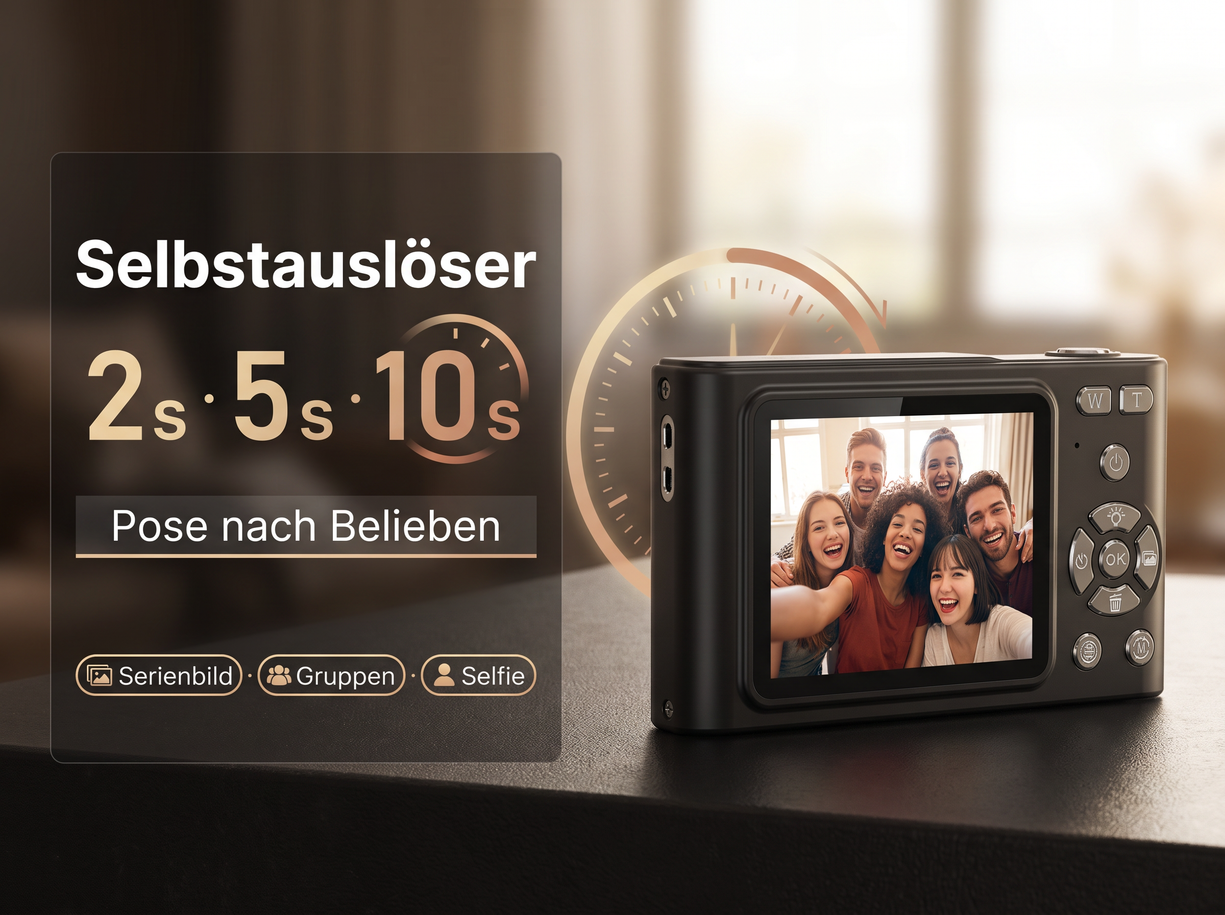Digitalkamera mit Selbstauslöser-Optionen und lächelnder Gruppe, die ein Selfie macht.