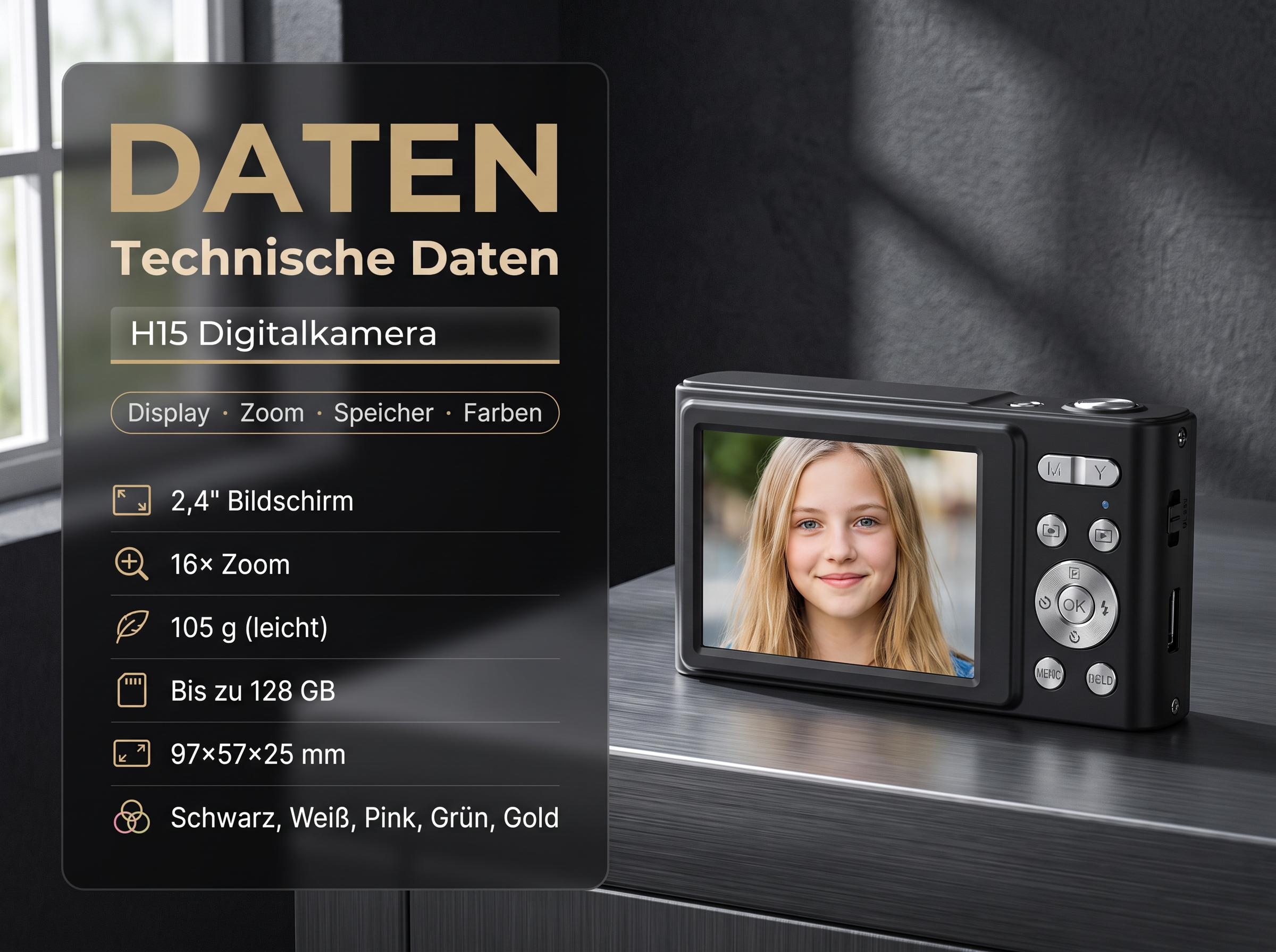H15 Digitalkamera mit 2,4" Bildschirm und 16x Zoom. Leicht, 105g.
