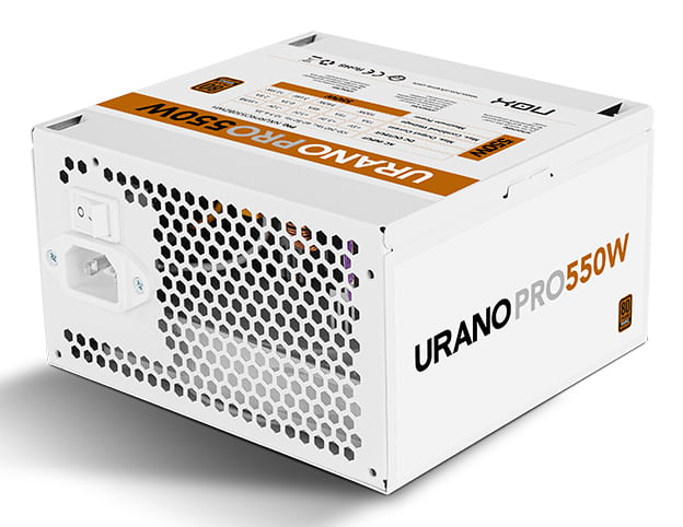 Alimentatore PC bianco etichettato URANO PRO 550W con interruttore e griglia.