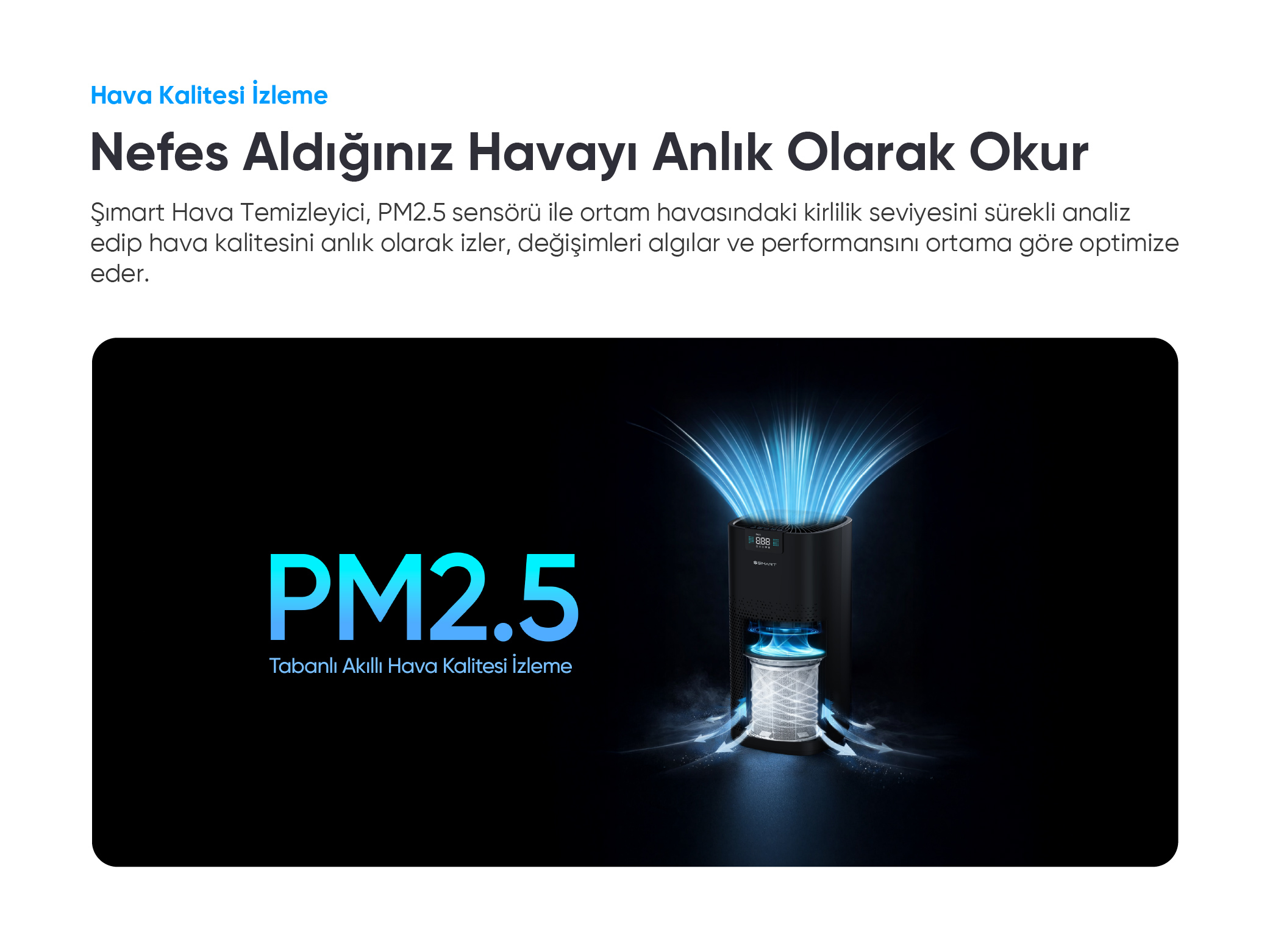 Mavi hava akımlı siyah hava temizleyici. PM2.5 hava kalitesi izleme.