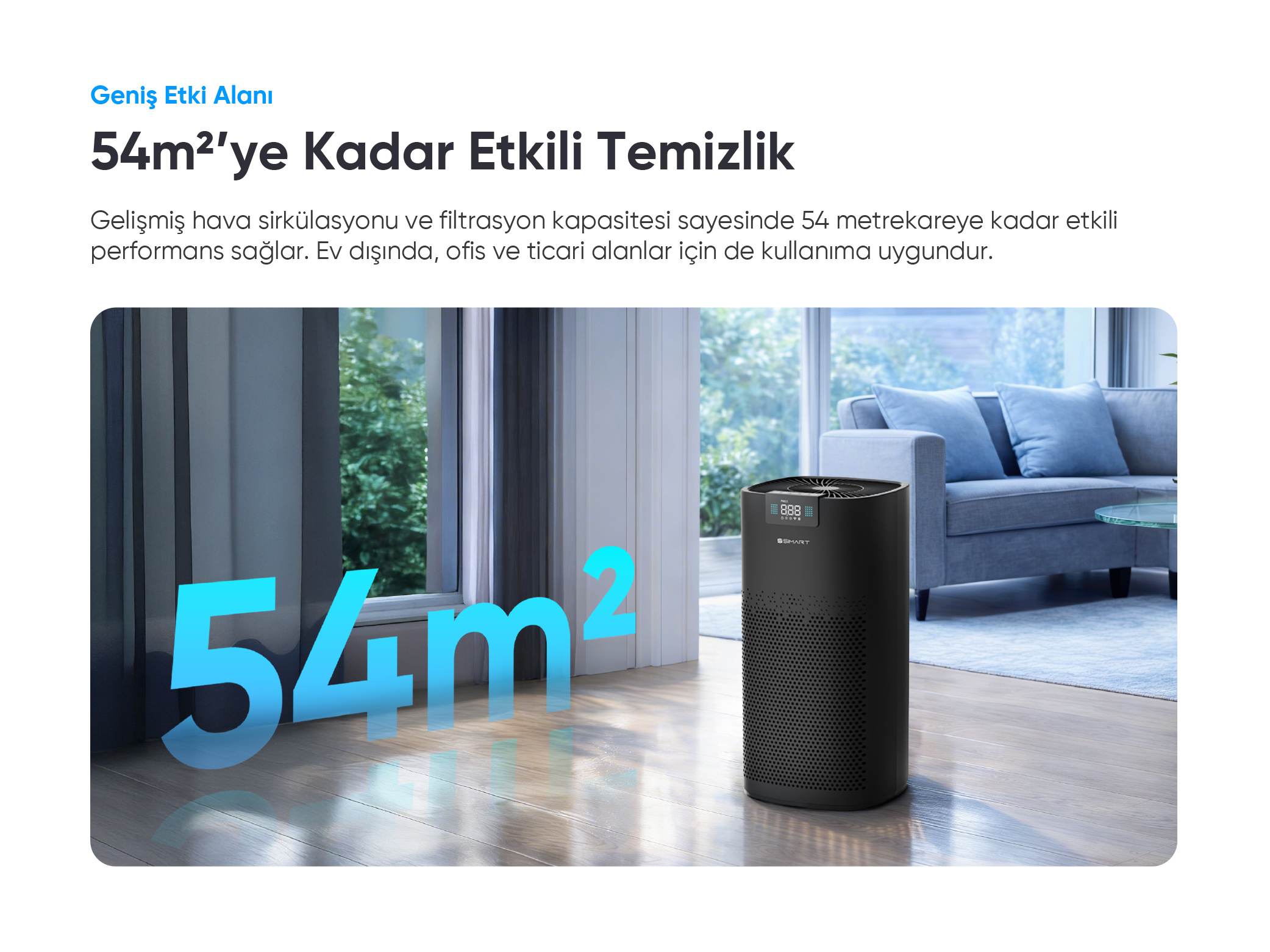 Siyah bir hava temizleyici, pencere ve kanepenin yanında oturma odasında duruyor. '54m²' vurgulanmış.