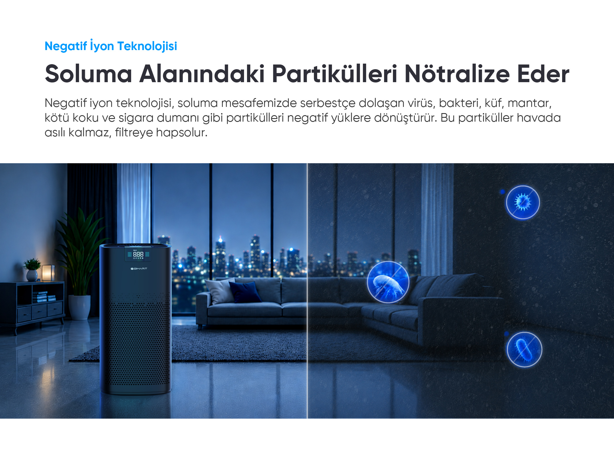 Parçacıkları nötralize eden bir oturma odasındaki hava temizleyici.