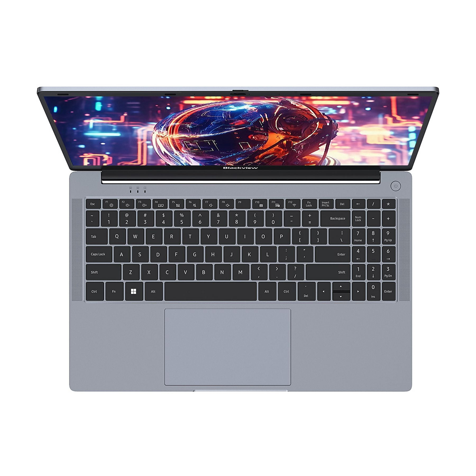 Un laptop grigio Blackview è aperto, mostrando un'immagine astratta colorata sul suo schermo.