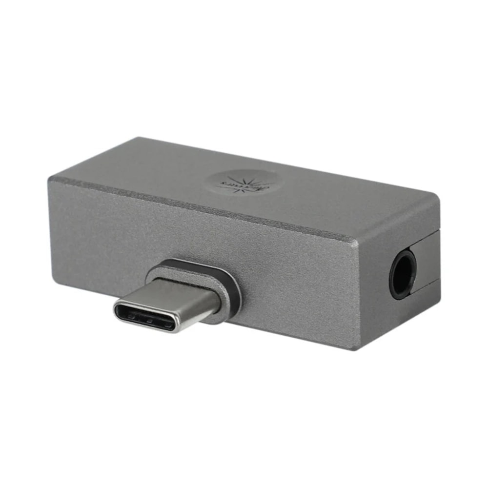 Üstünde dairesel logo bulunan gri USB-C - 3,5 mm ses adaptörü.