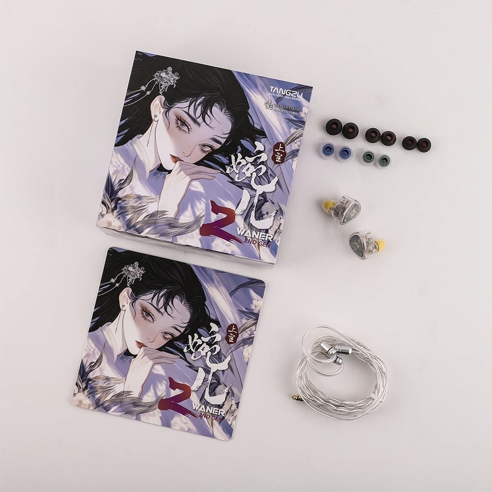 Beyaz arka plan üzerinde anime sanatı, kulaklık, kablo ve kulak uçları olan iki kutu.