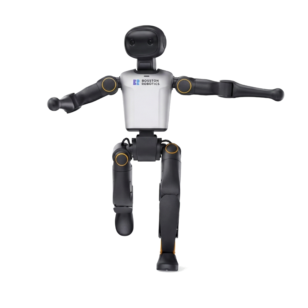 Ein humanoider Roboter mit silbernem Torso und schwarzen Gliedmaßen steht auf einem Bein.