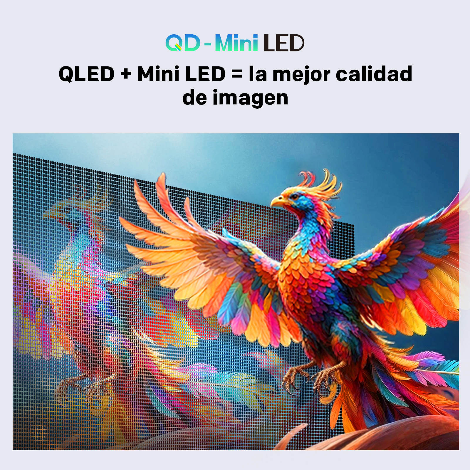 Un pájaro colorido con plumas vibrantes vuela frente a una pantalla.