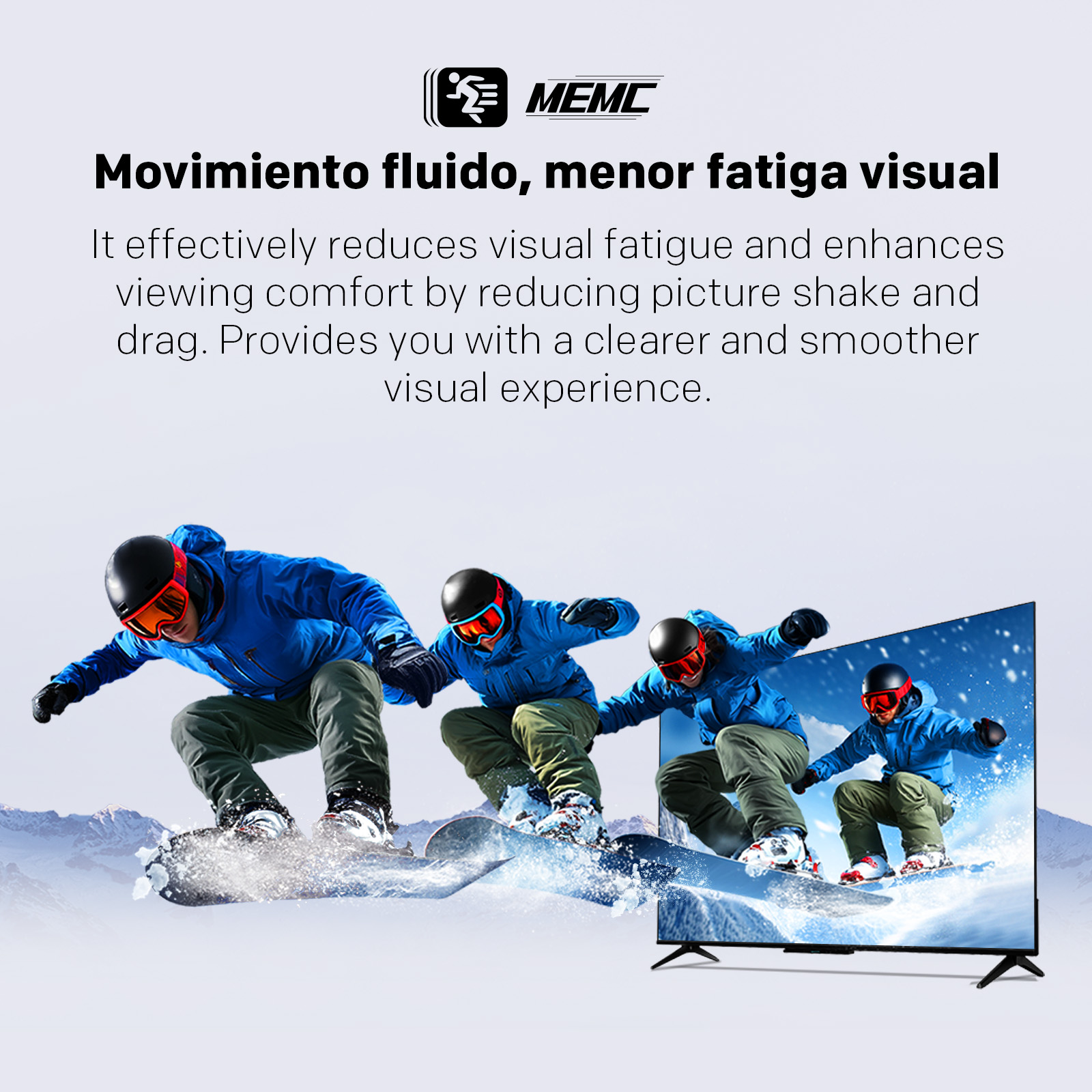 Cuatro snowboarders con chaquetas azules saltan sobre nieve, en una pantalla de TV.