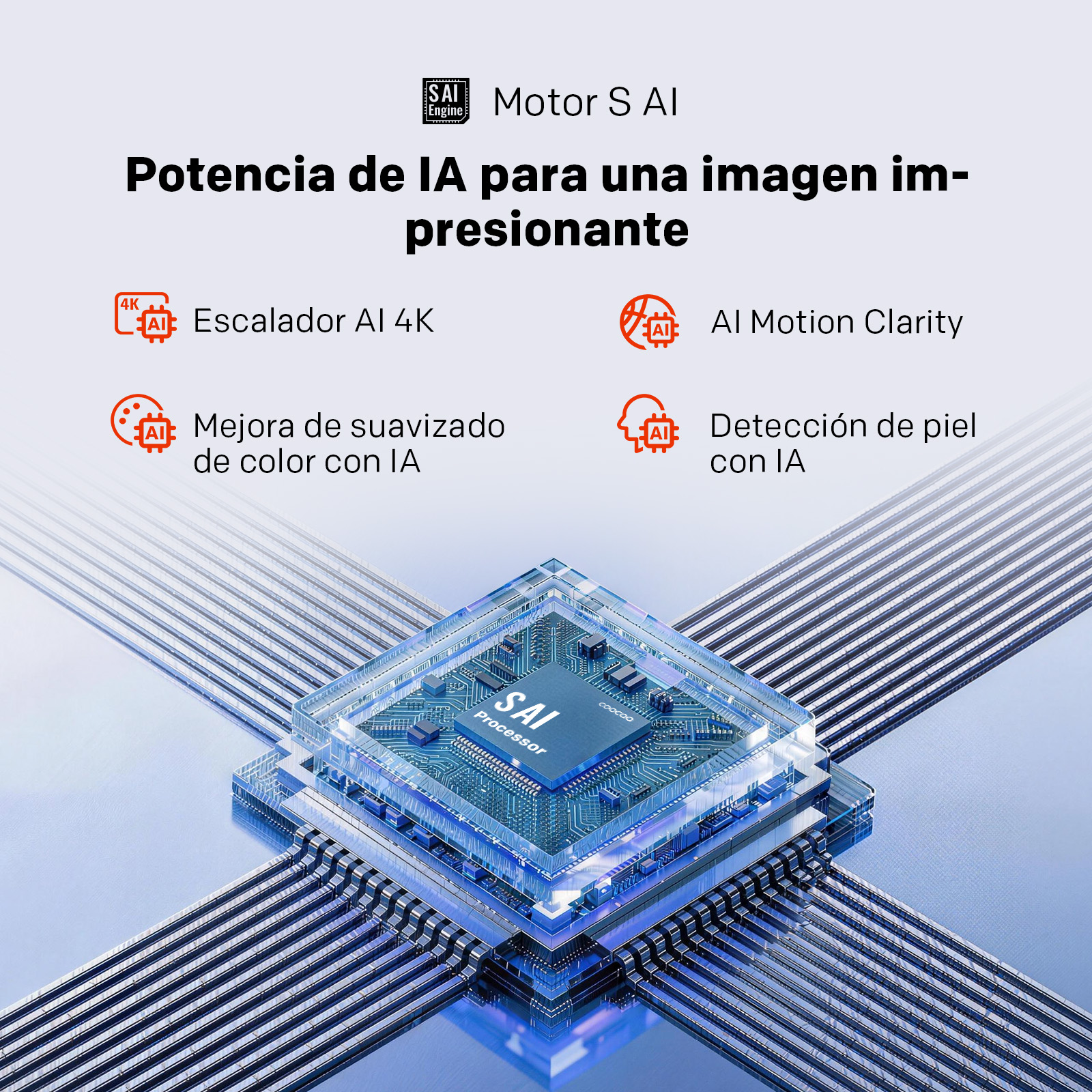 Un procesador de vidrio con LEDs azules y conexiones sobre fondo azul.