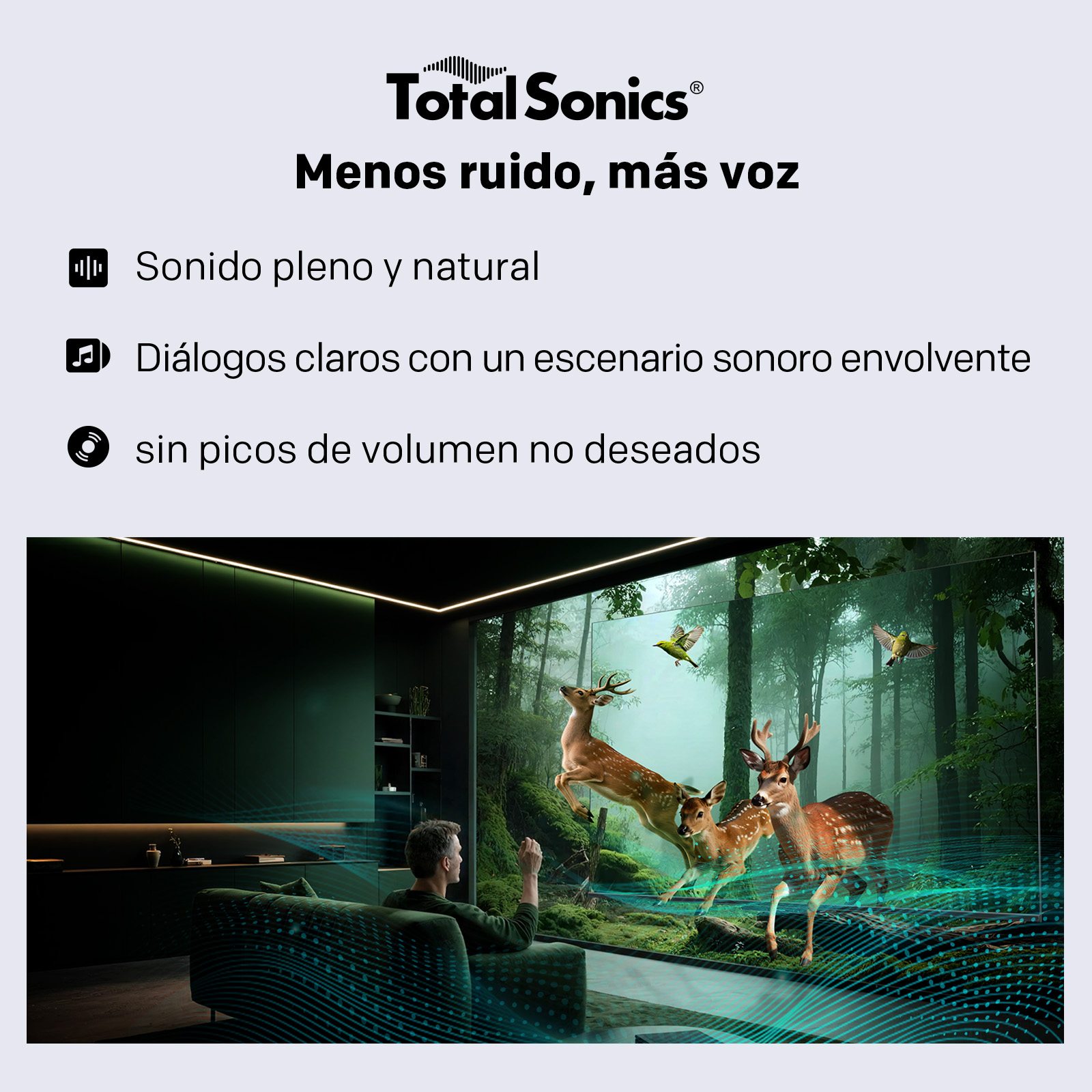 Hombre sentado en sofá viendo pantalla con bosque y ciervos.