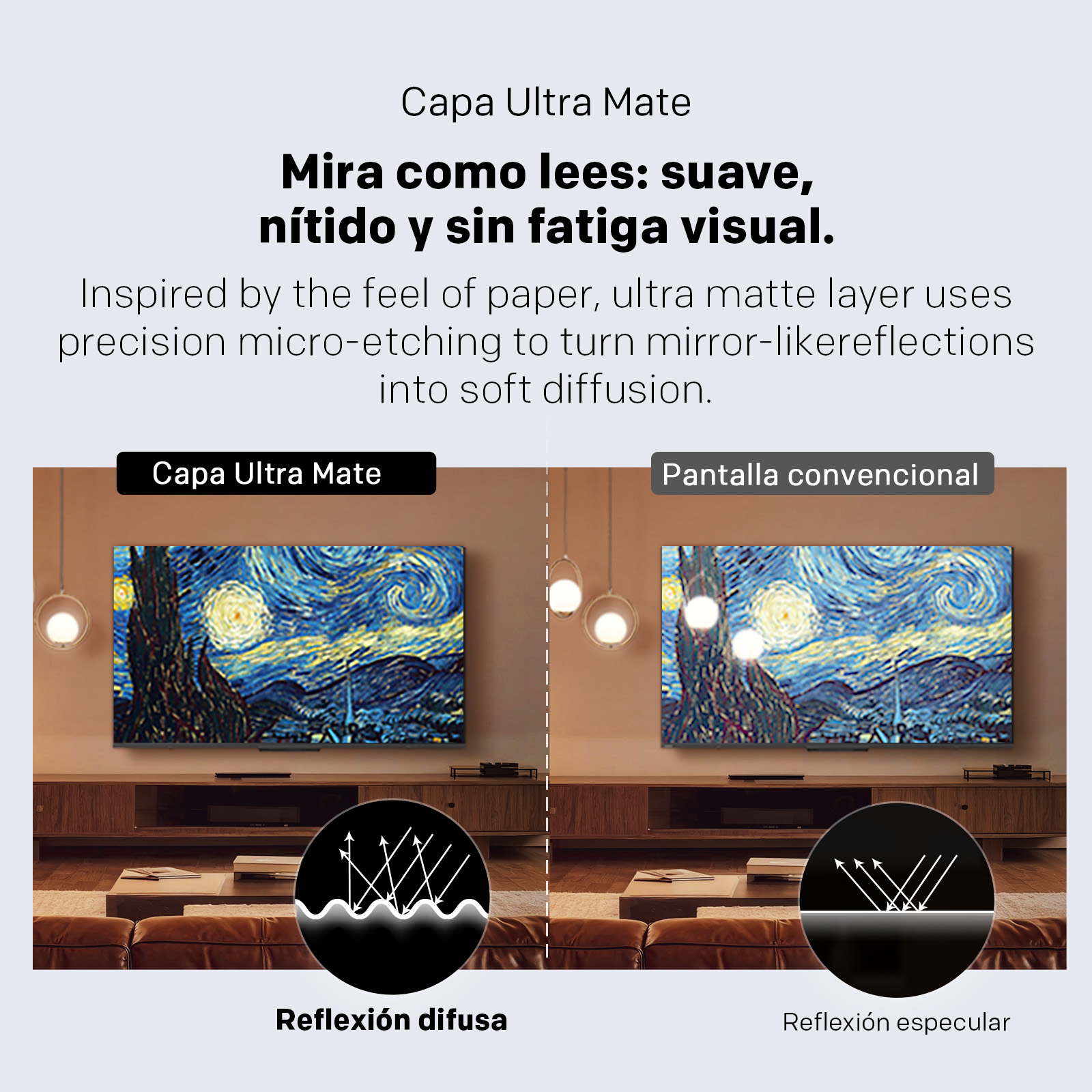 Comparación de pantalla ultra mate vs convencional mostrando "Noche estrellada"