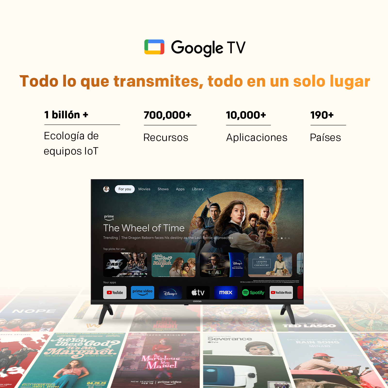 Pantalla de inicio de Google TV que muestra 'The Wheel of Time' y iconos de apps.