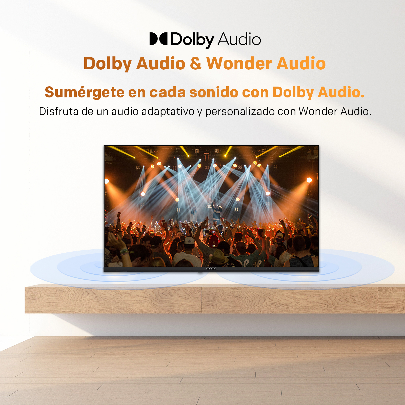 Un televisor muestra un concierto con luces y público animado.