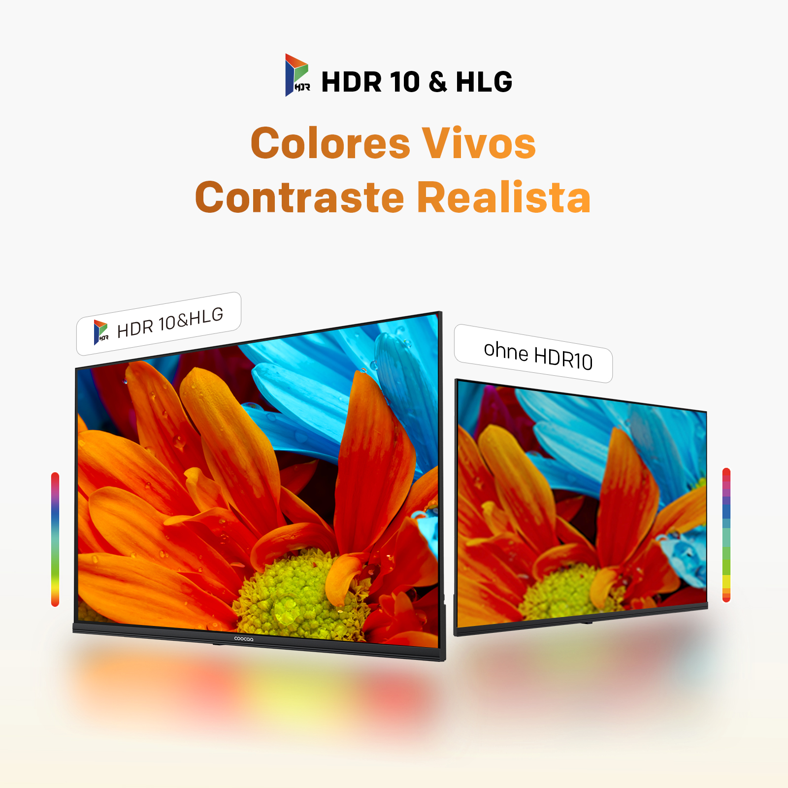 Dos televisores muestran flores. Uno con HDR 10 & HLG, el otro sin.