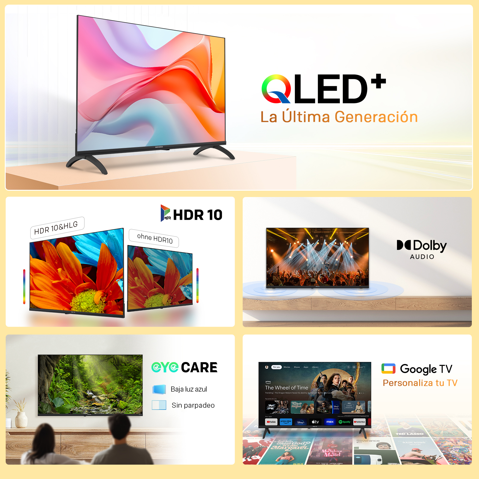 Un moderno televisor QLED+ con imágenes vibrantes y tecnología avanzada.