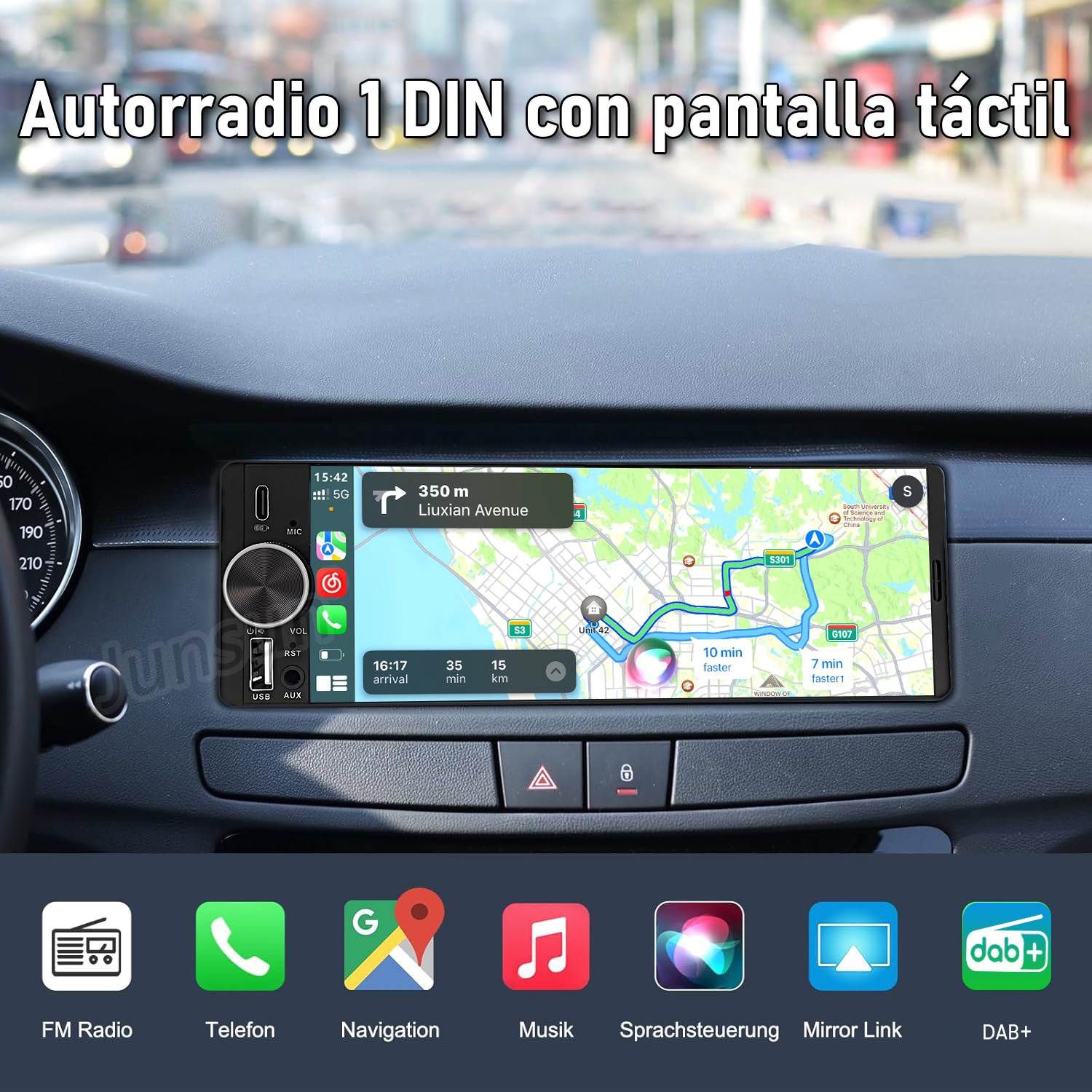 Autorradio con pantalla táctil muestra mapa, iconos de Radio FM, Teléfono, Música, etc.