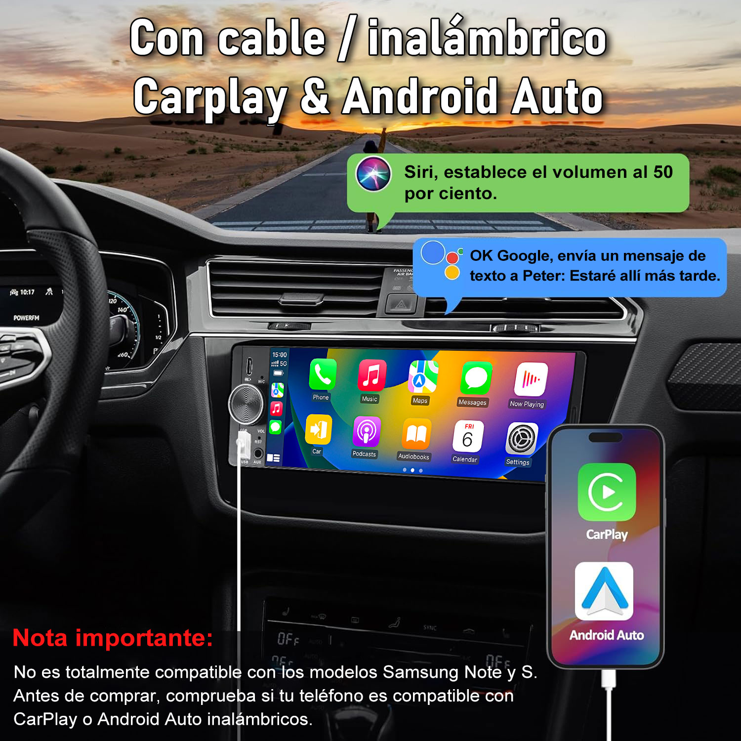 Interior de coche con pantalla táctil mostrando iconos de CarPlay y Android Auto.