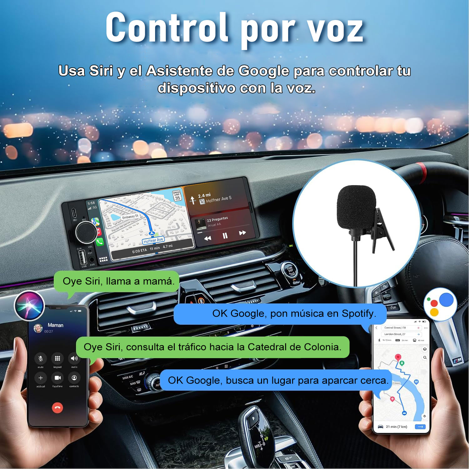 Sistema de infoentretenimiento para coche con control por voz, navegación y teléfono.