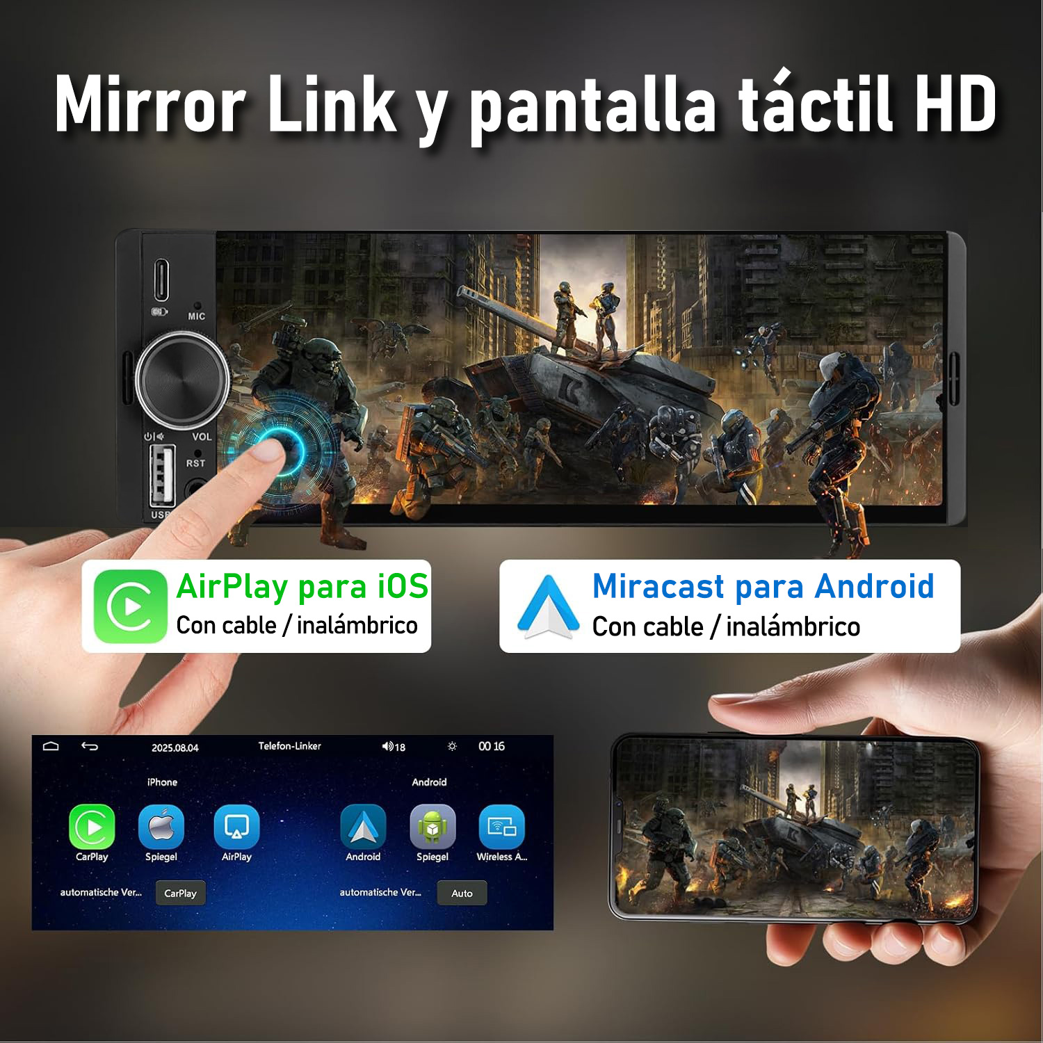 Infoentretenimiento de coche con escena de guerra, AirPlay y Miracast.