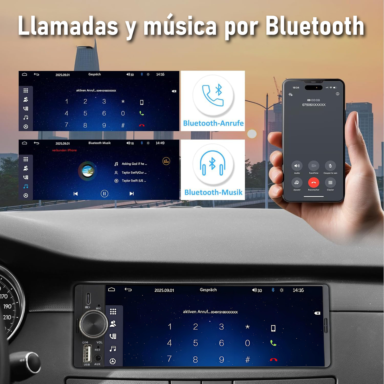 Pantalla de infoentretenimiento del coche mostrando llamadas y música Bluetooth.
