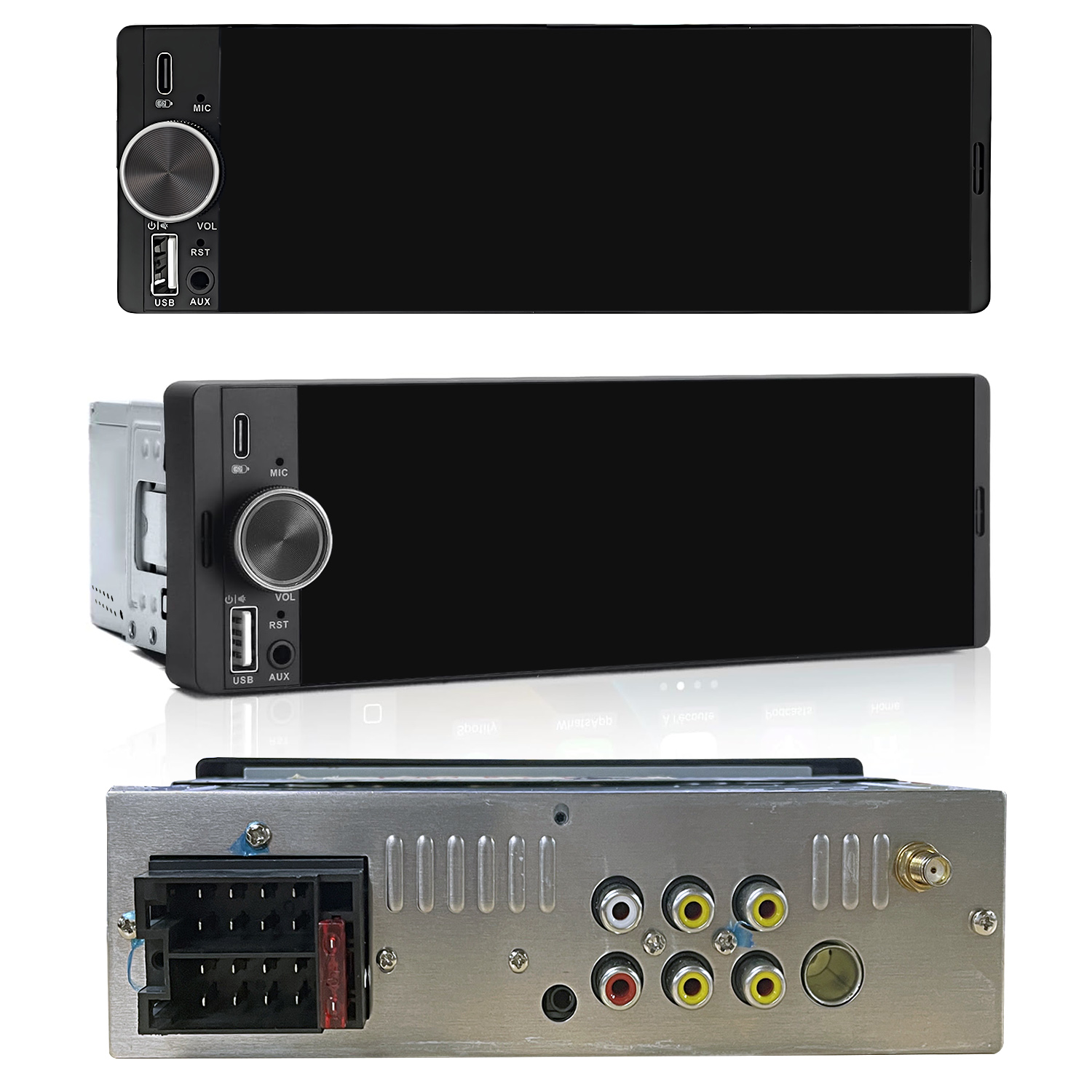 Ein Autoradio mit Display, Drehregler, USB, AUX und Anschlüssen auf der Rückseite.