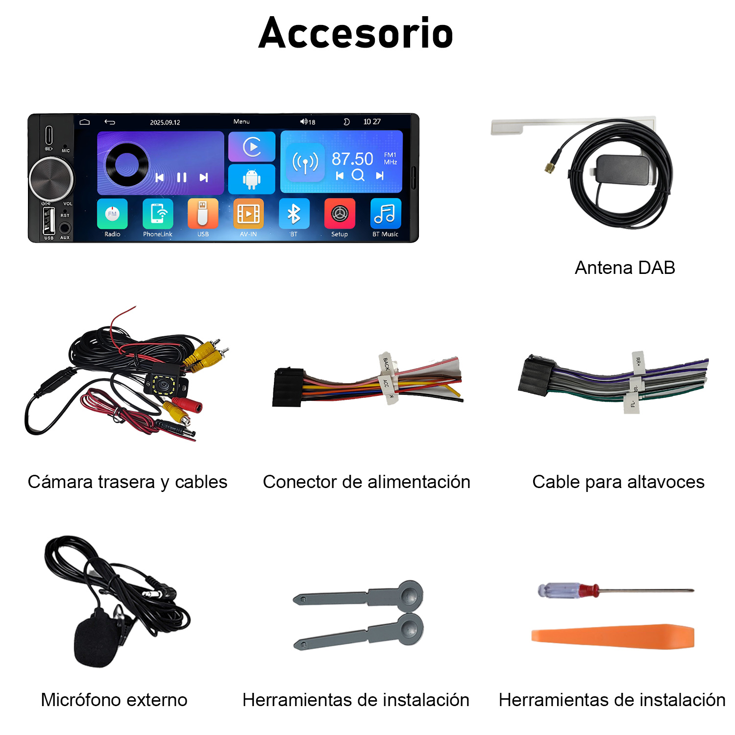 Accesorios de autorradio: antena DAB, cámara, cables, micrófono y herramientas.