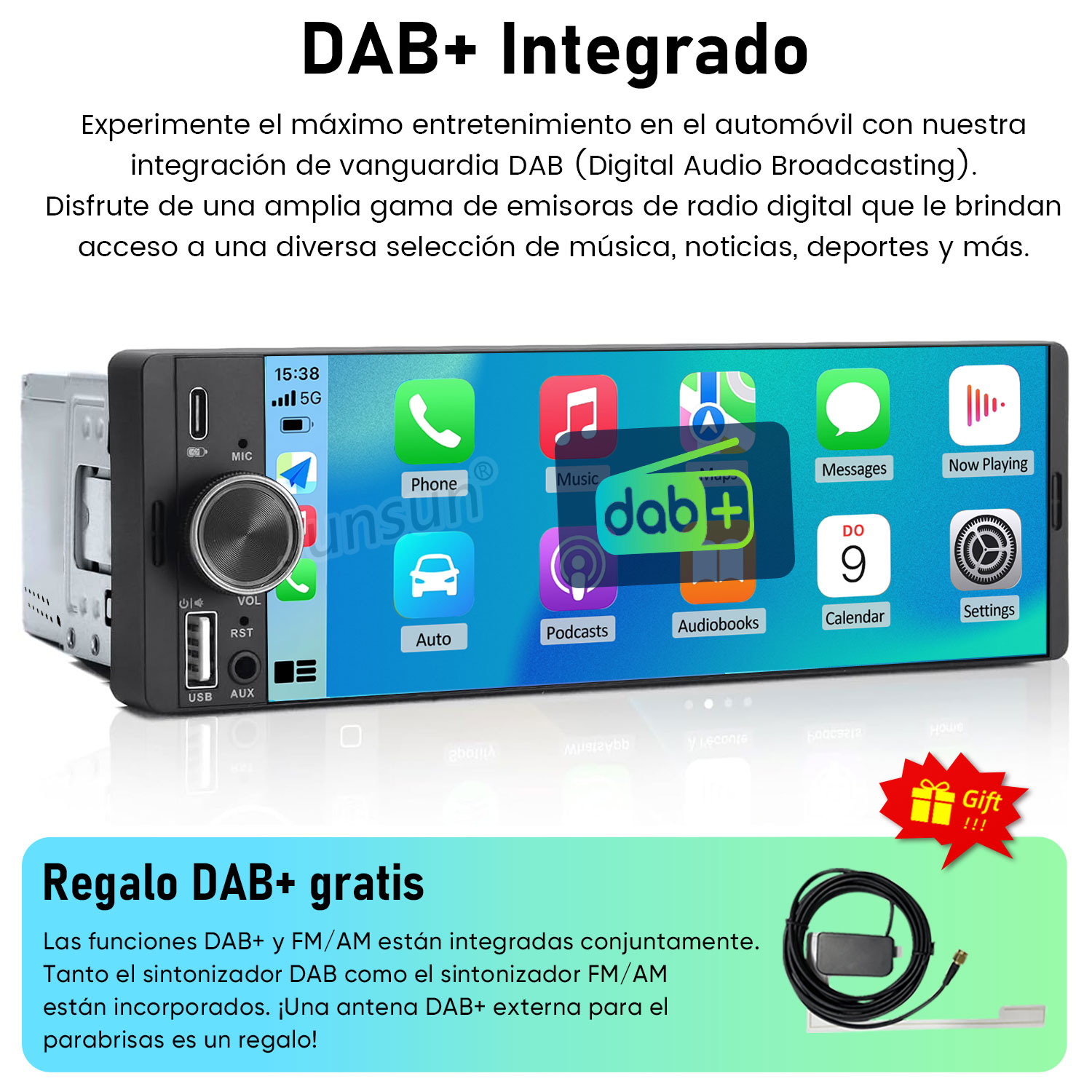 Radio digital DAB+ para coche con iconos de app en pantalla y accesorios.