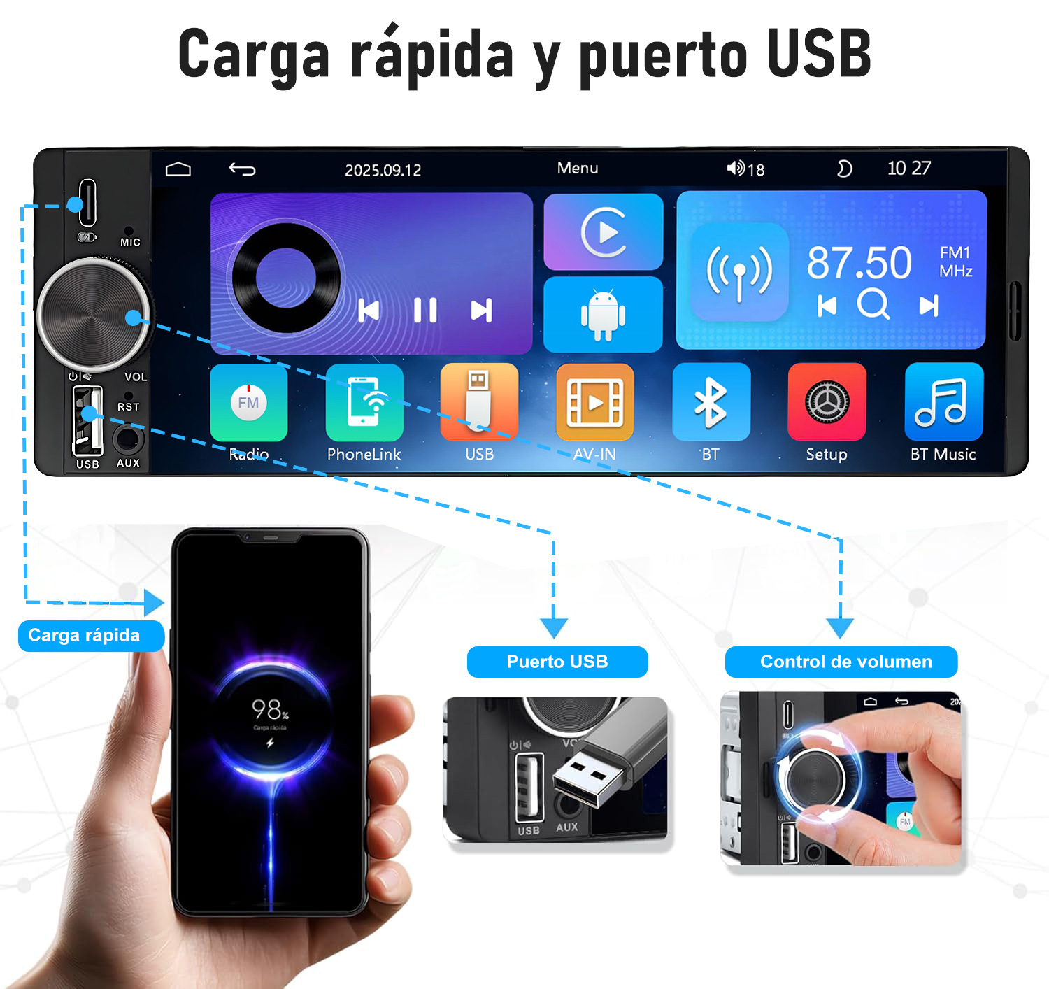 Pantalla de autorradio muestra iconos de Radio, PhoneLink, USB, AV-IN, BT, Configuración, BT Music.