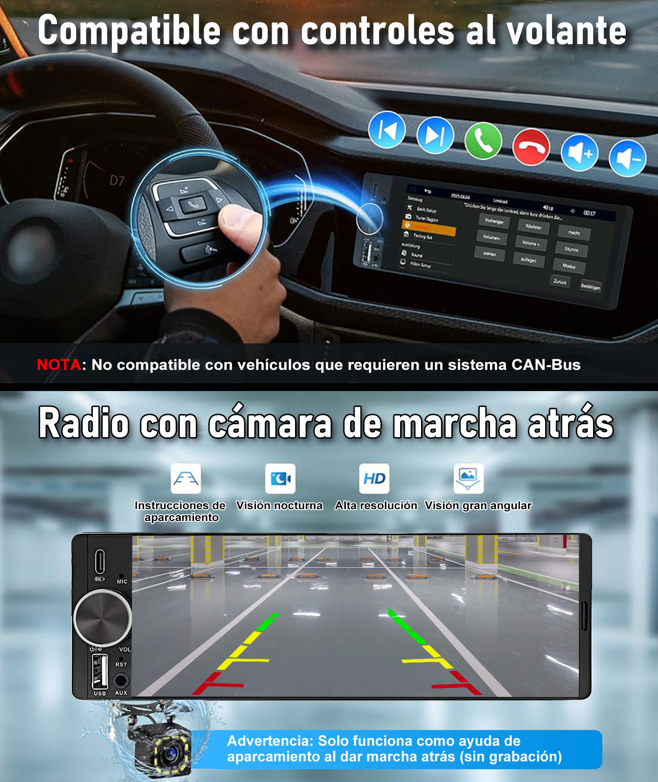 Un hombre presiona botones en el volante de un coche. La radio del coche muestra vista de aparcamiento.