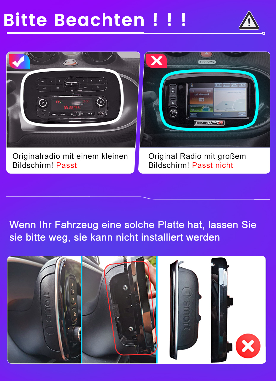 Dwa radia samochodowe Smart: jedno z małym ekranem (pasuje) i jedno z dużym ekranem (nie pasuje).