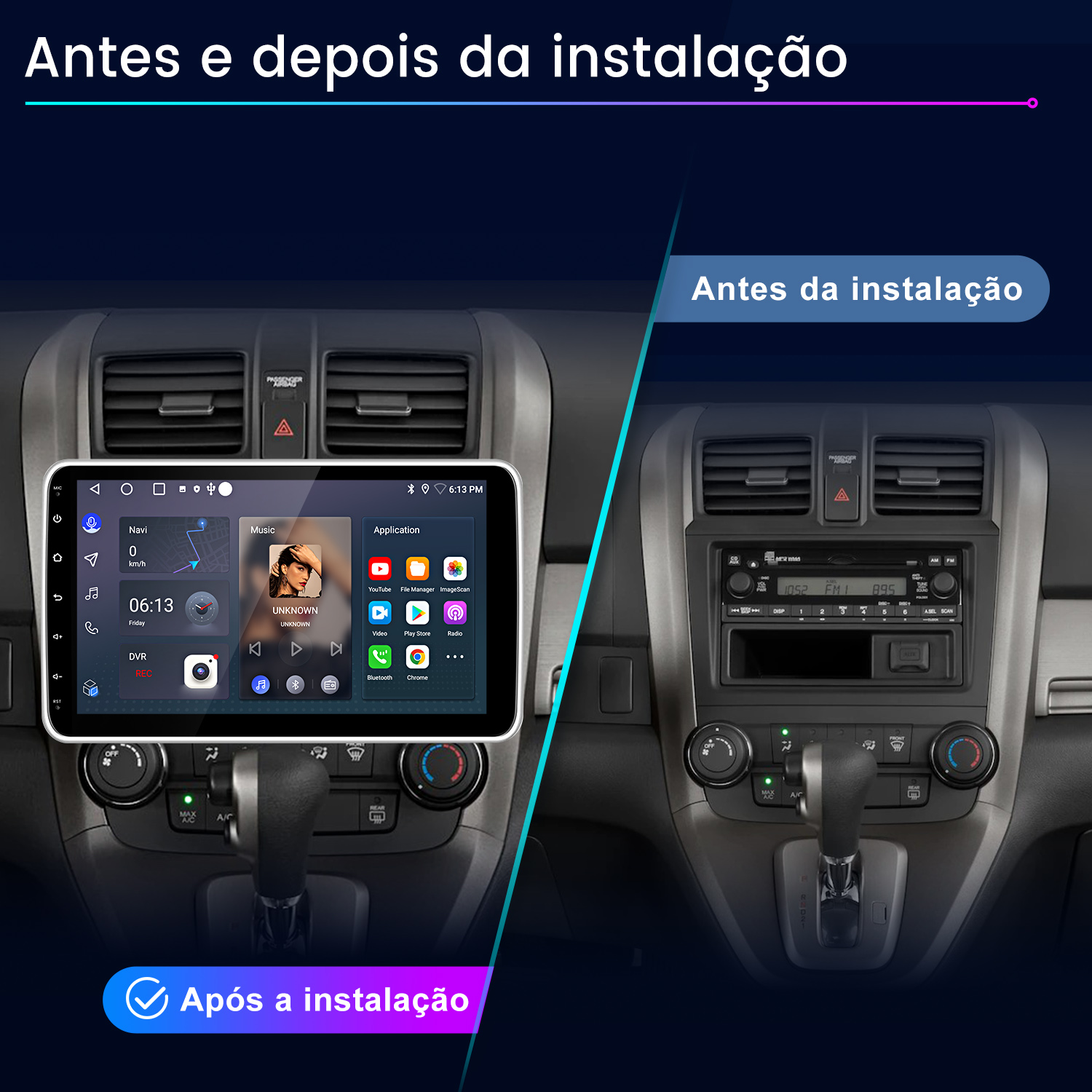 Comparación antes y después de un sistema de infoentretenimiento de coche. Izquierda: pantalla táctil nueva, derecha: radio antigua.