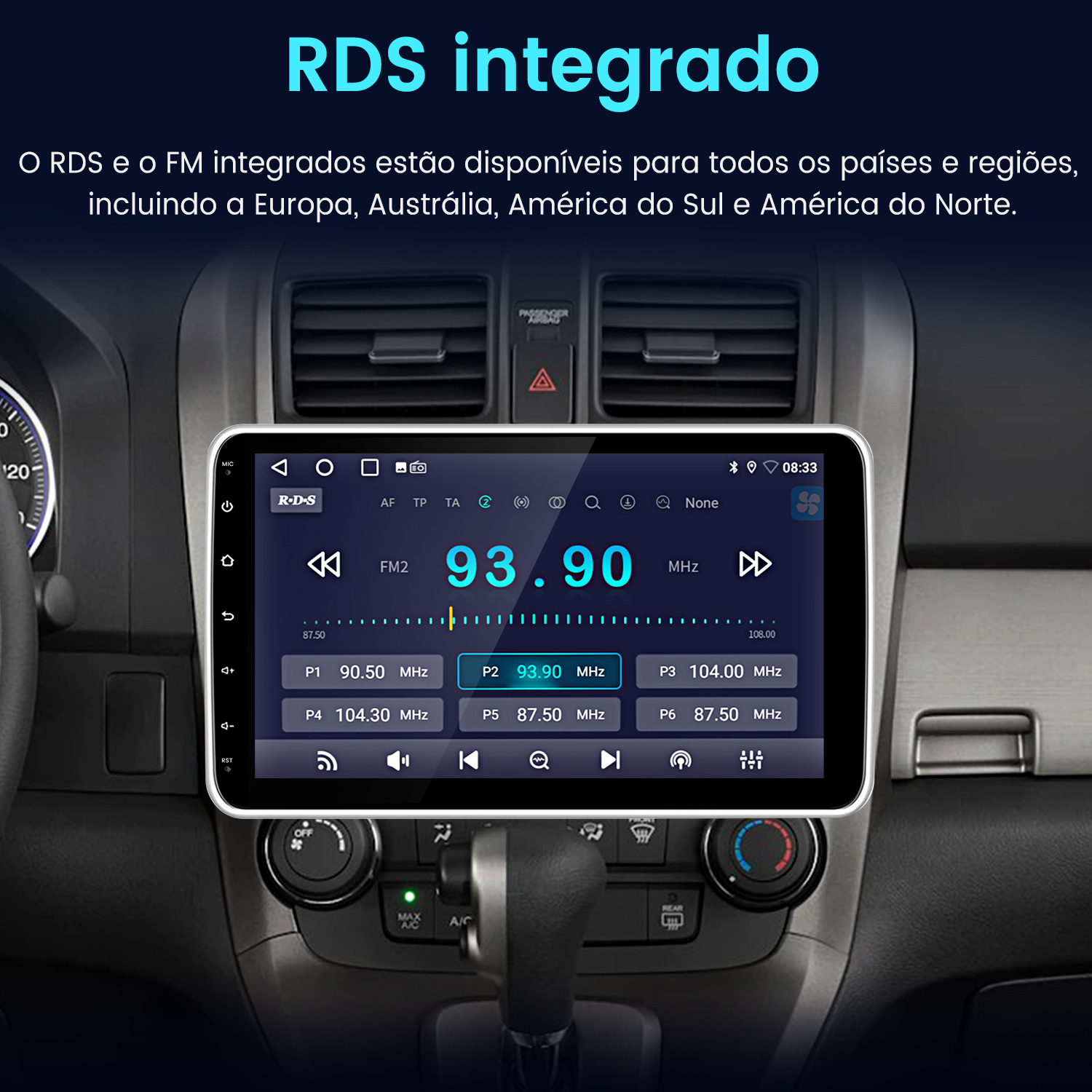 Un sistema de infoentretenimiento para automóvil que muestra la radio RDS sintonizada en 93,90 MHz.