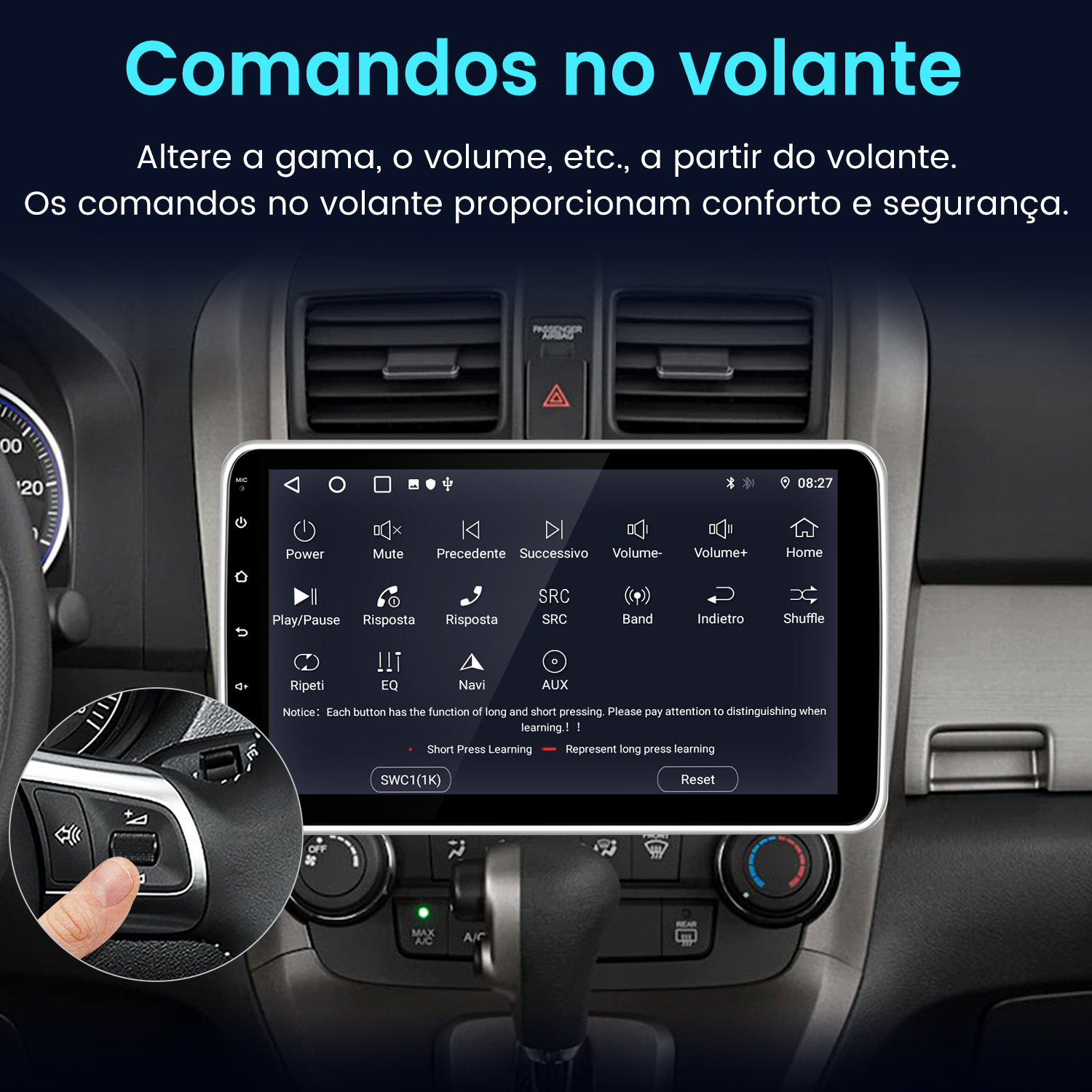 Salpicadero de coche mostrando pantalla táctil con controles y botones del volante.