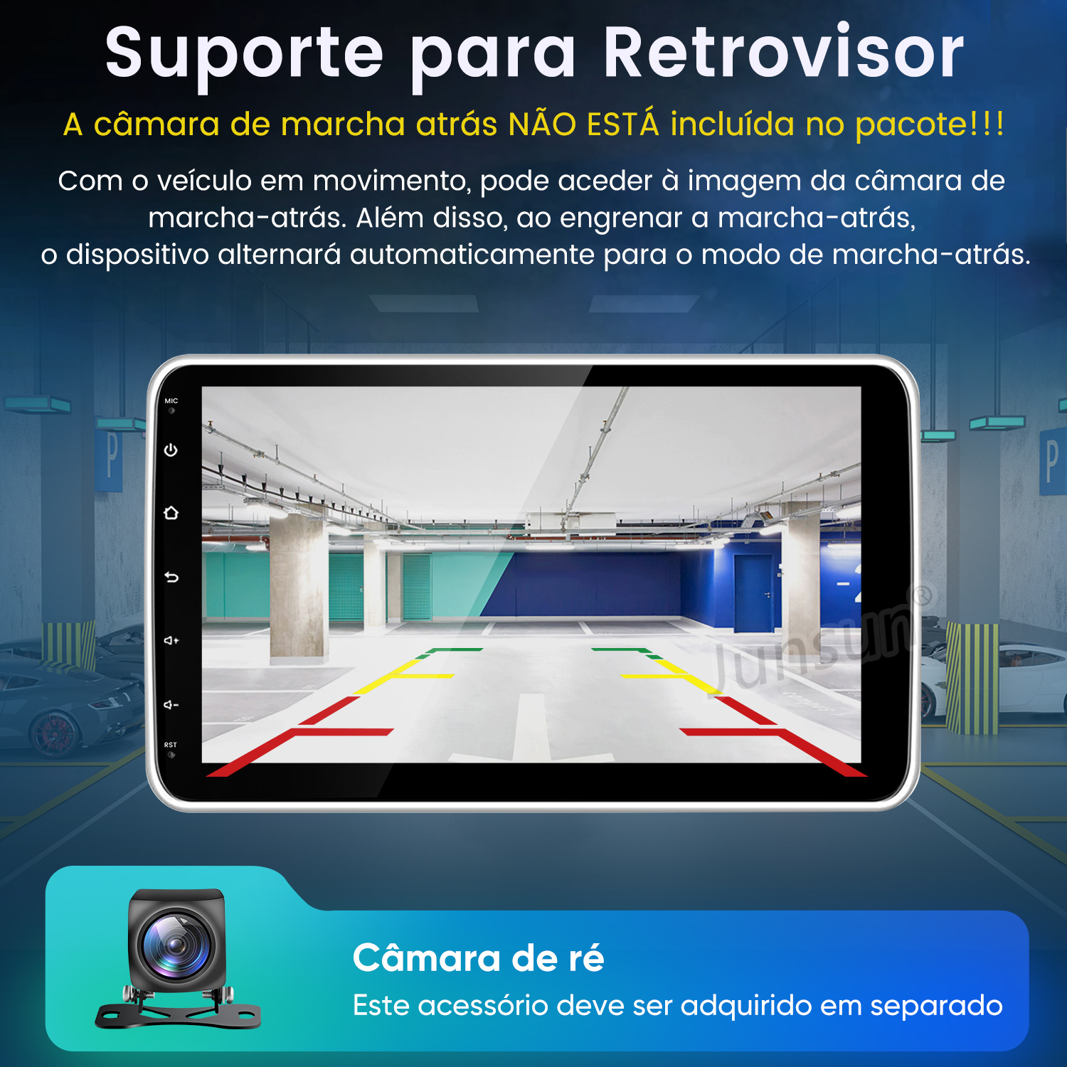 Una pantalla de cámara de marcha atrás muestra un garaje con líneas de estacionamiento.
