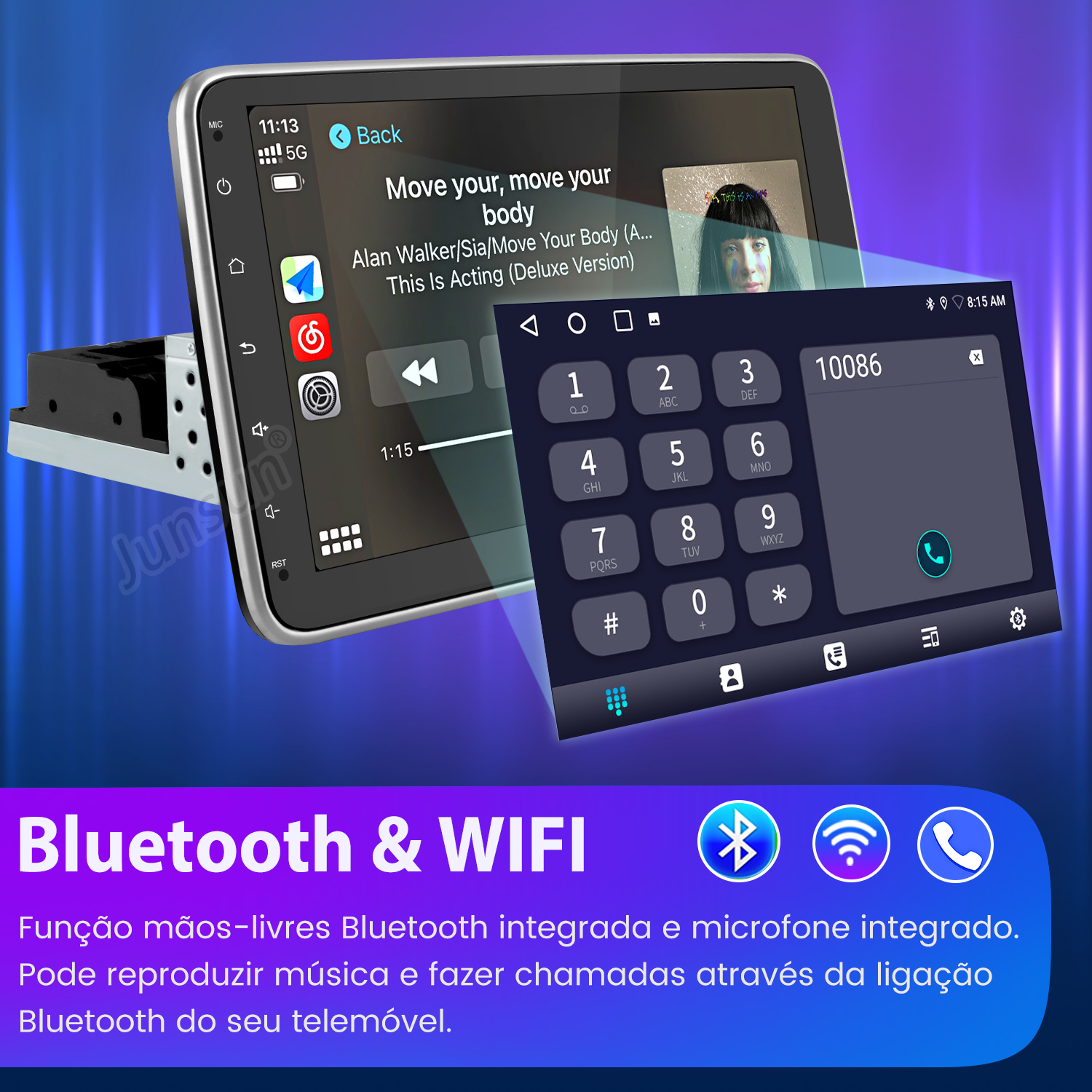 Un sistema de infoentretenimiento para coche muestra música y un teclado. Iconos de Bluetooth y WiFi abajo.
