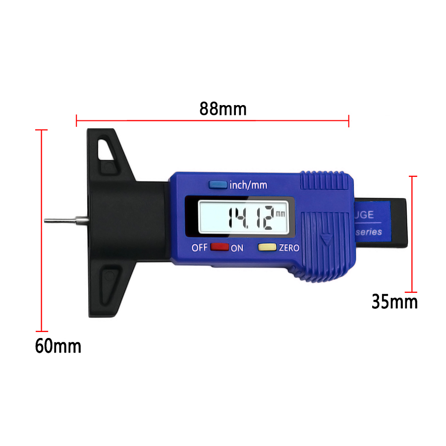Calibrador digital azul de profundidad, lectura 14,12 mm, 88mm L x 60mm H x 35mm A.