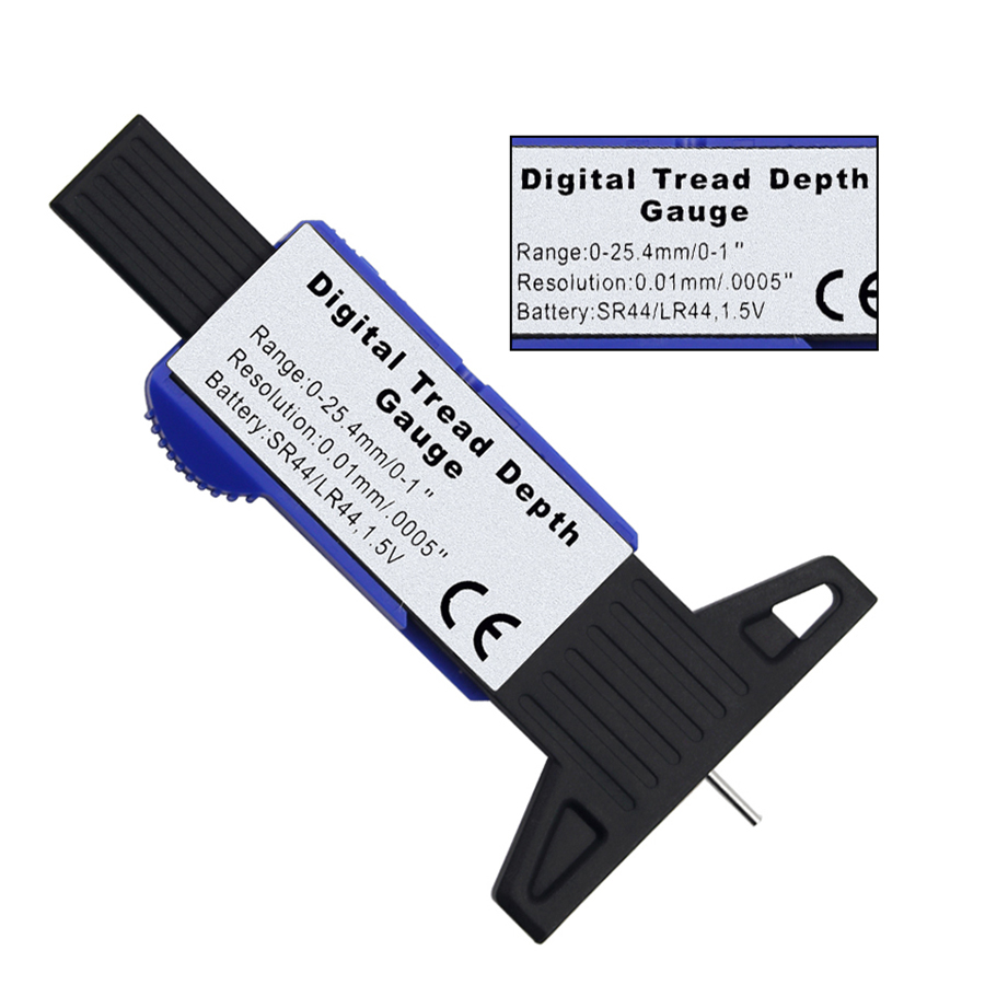 Calibrador digital de profundidad de banda de rodadura, negro y azul, con marca CE.