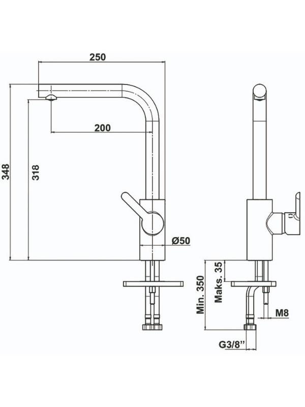Boyutları ve bağlantıları olan bir musluğun teknik çizimi.