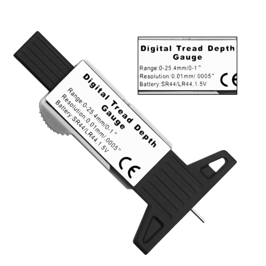 Calibrador digital de profundidad de banda de rodadura con marca CE y especificaciones.