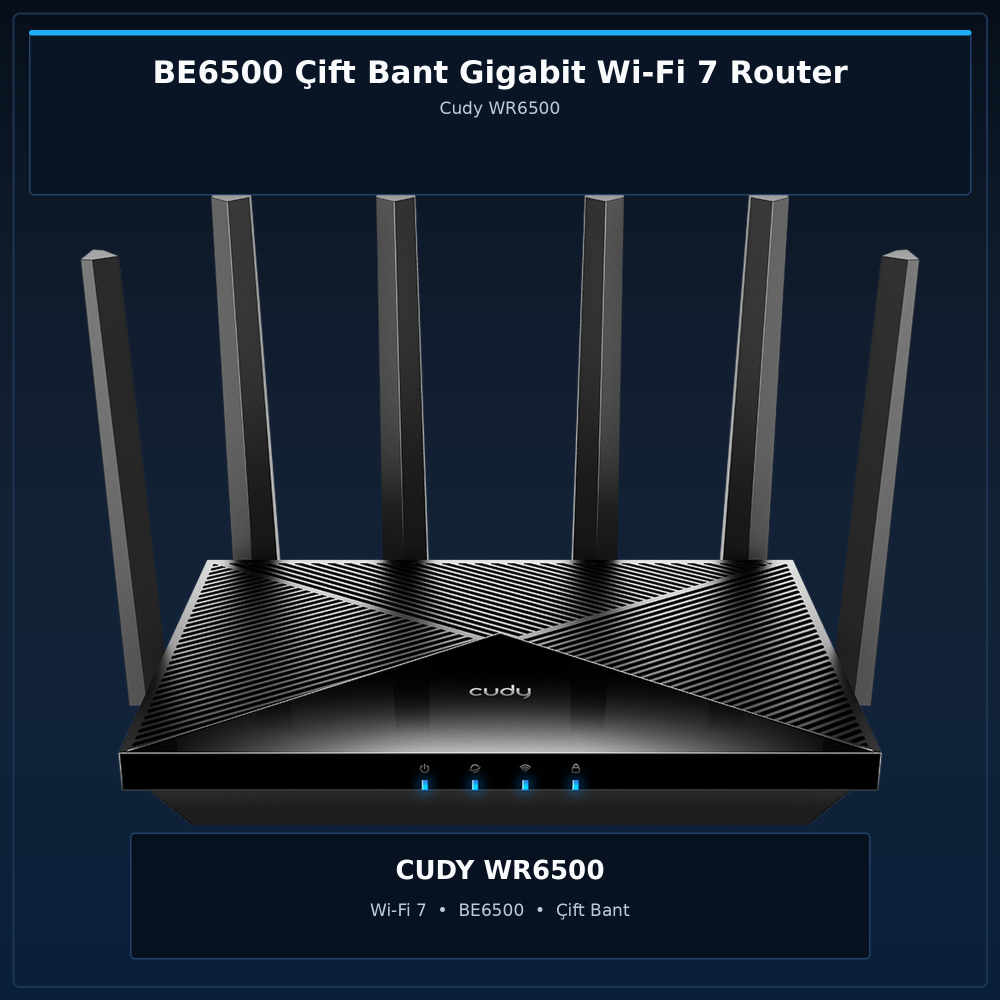 Czarny router Cudy WR6500 Wi-Fi 7 z sześcioma antenami i niebieskimi wskaźnikami LED.