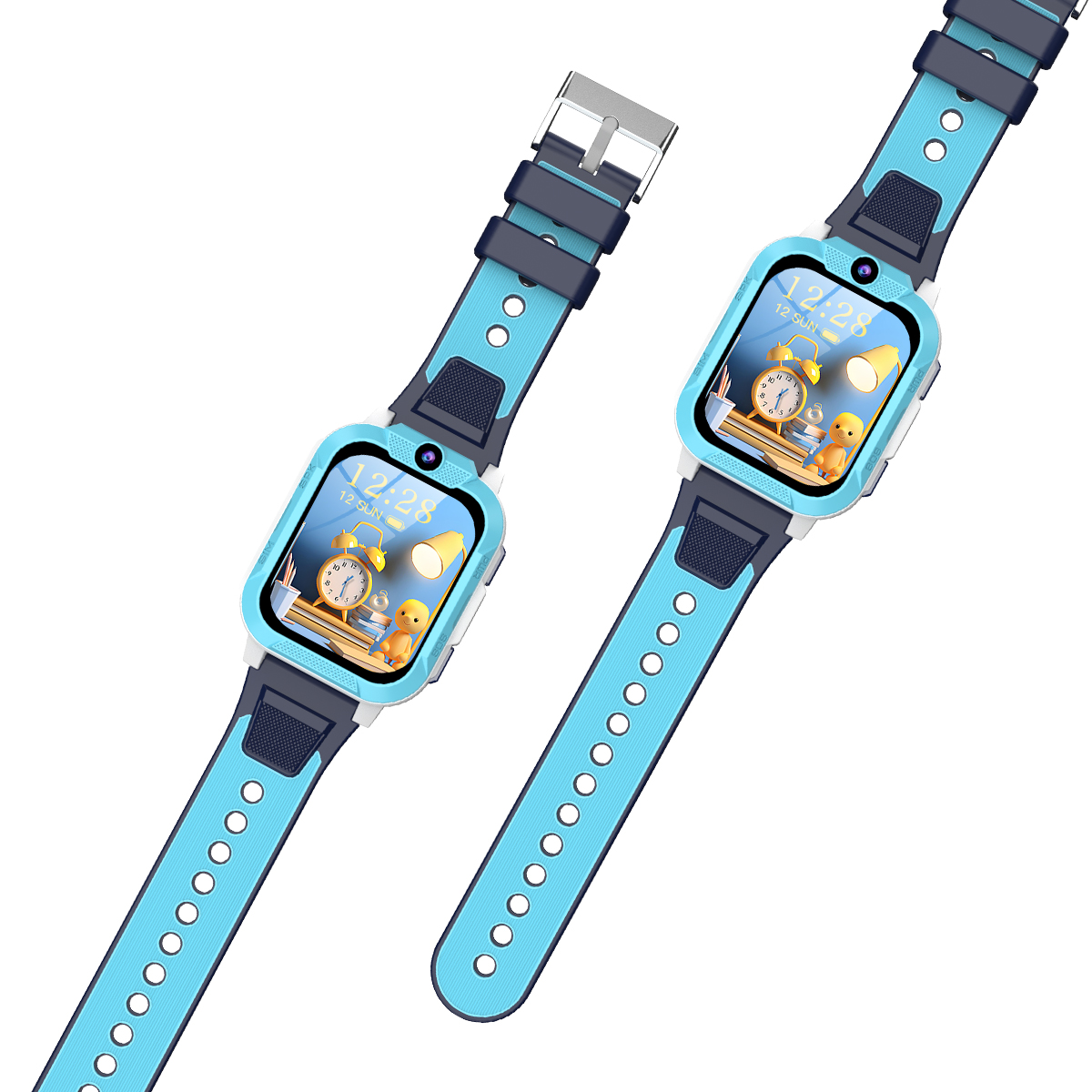 Zwei blaue Smartwatches mit bunten Zifferblättern, die digitale Zeit und Grafiken zeigen.