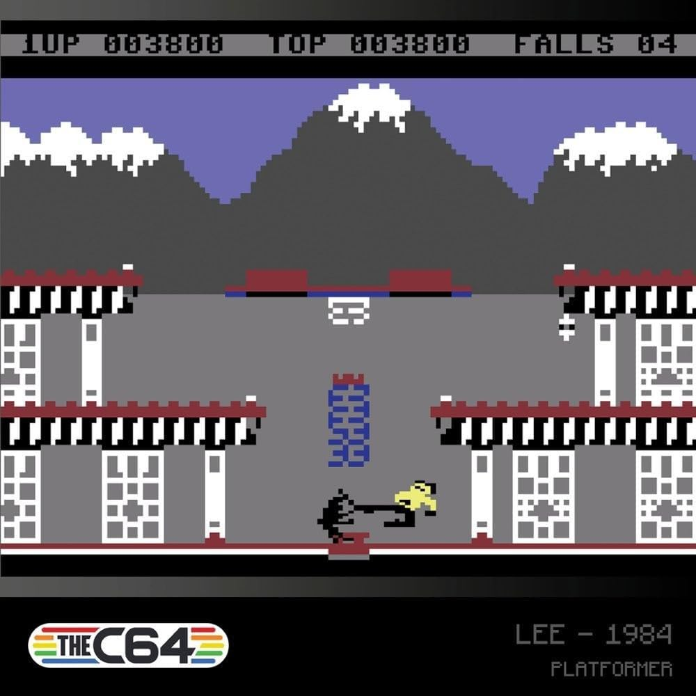 Pantalla de videojuego de 8 bits con dos personajes, montañas y texto.
