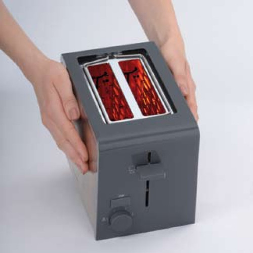 Grauer Toaster mit zwei Schlitzen und rot glühenden Heizelementen.