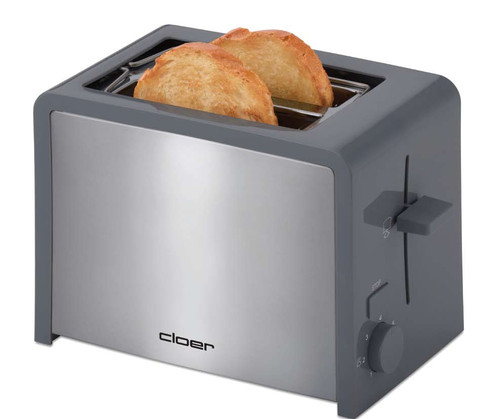 Ein silberner und grauer Toaster mit zwei goldenen Toastbrotscheiben, die herausragen.
